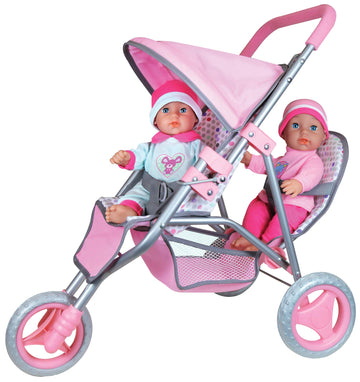 Twin Baby Dolls in Twin Jogger Stroller