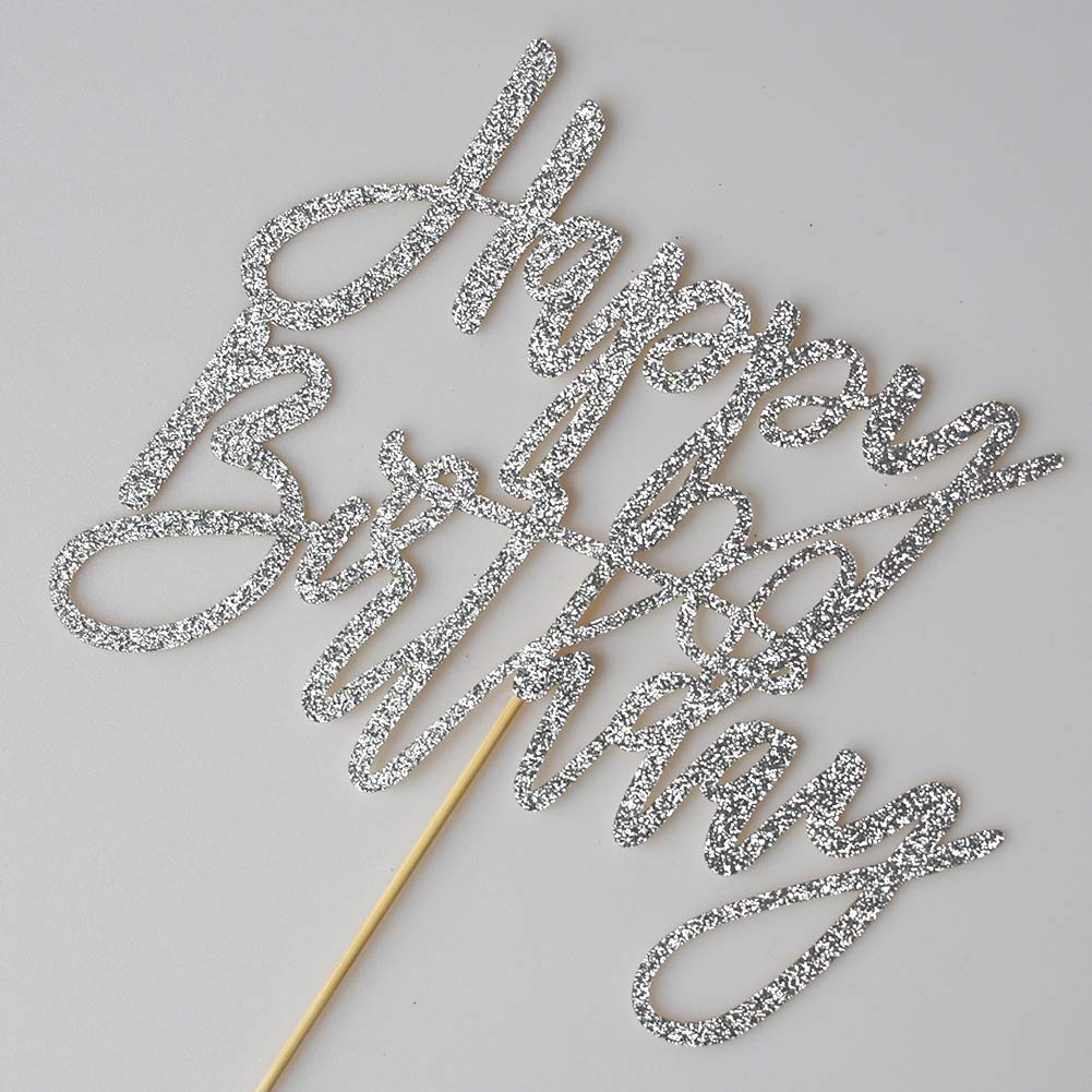 Happy Birthday Cake Topper Birthday Party Decorations Supplies Silver Glitter