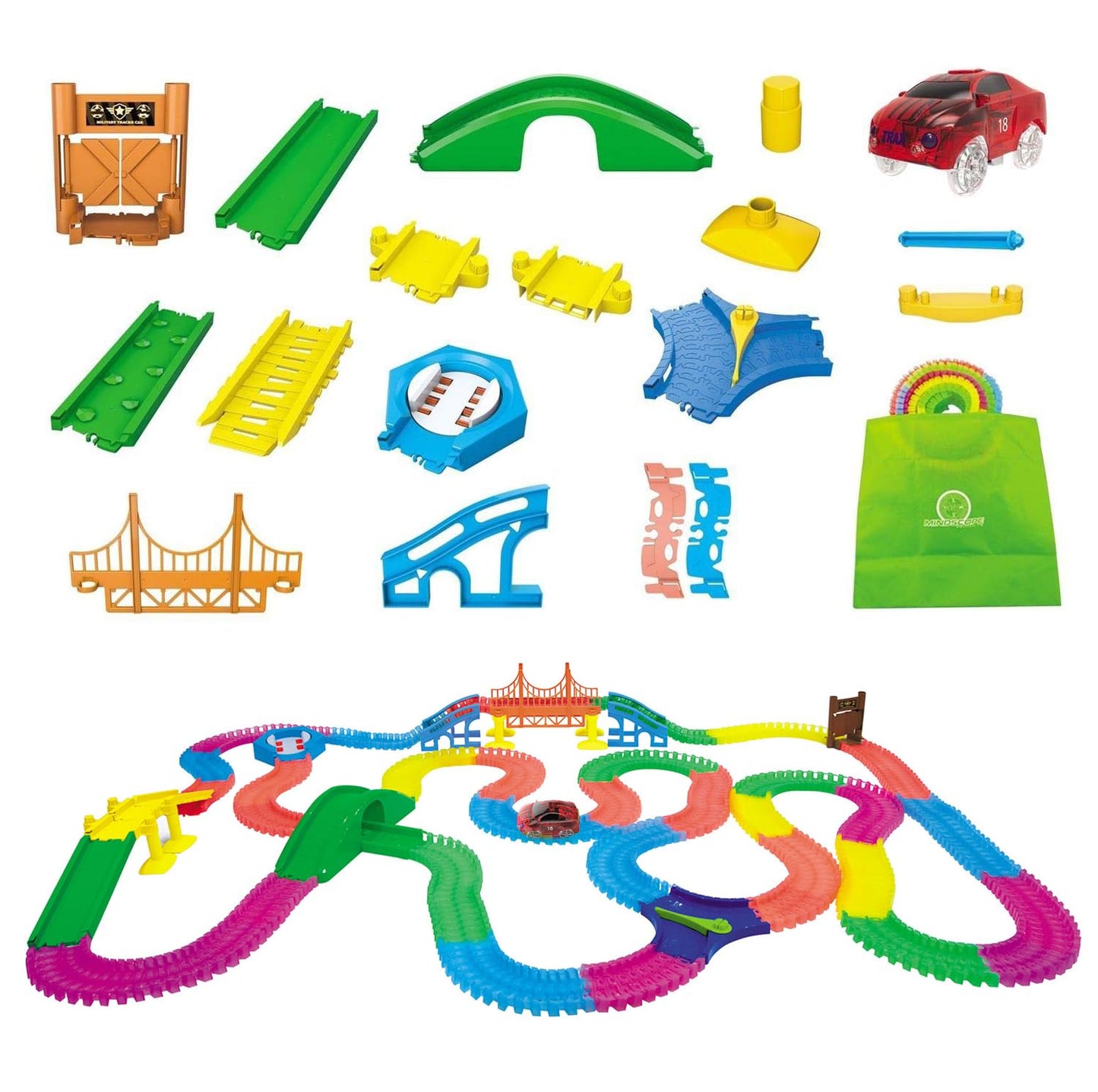 Mindscope Twister Tracks Mega Set Neon Glow in The Dark Flexible Track System with 547 Pieces Over 25 Feet of Track & Accessories