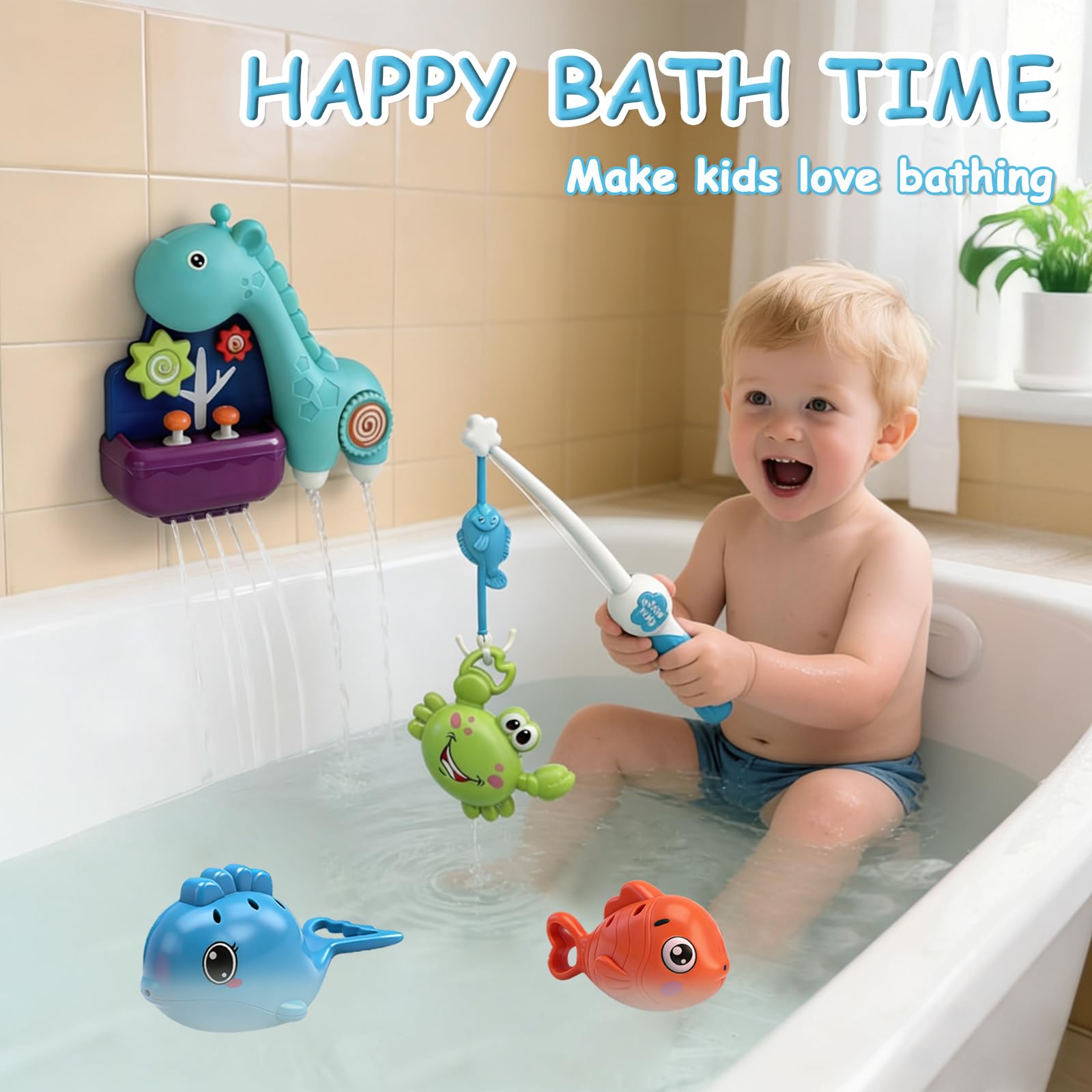 Uermis Toddler Bath Toys for Kids Ages 1-3, Waterfall Giraffe Interactive Bathtub Toys for Baby Boys Girls Gifts, Early Developmental Shower Toy