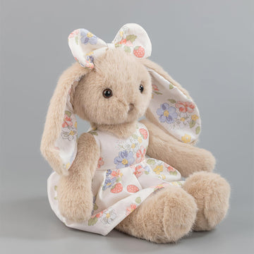 BiluKano 14” Plush Bunny Stuffed Animal, Beige Rabbit with Floral Strawberry Dress & Bow, Soft Easter Bunny Gift for Girls, Cottagecore Nursery Decor