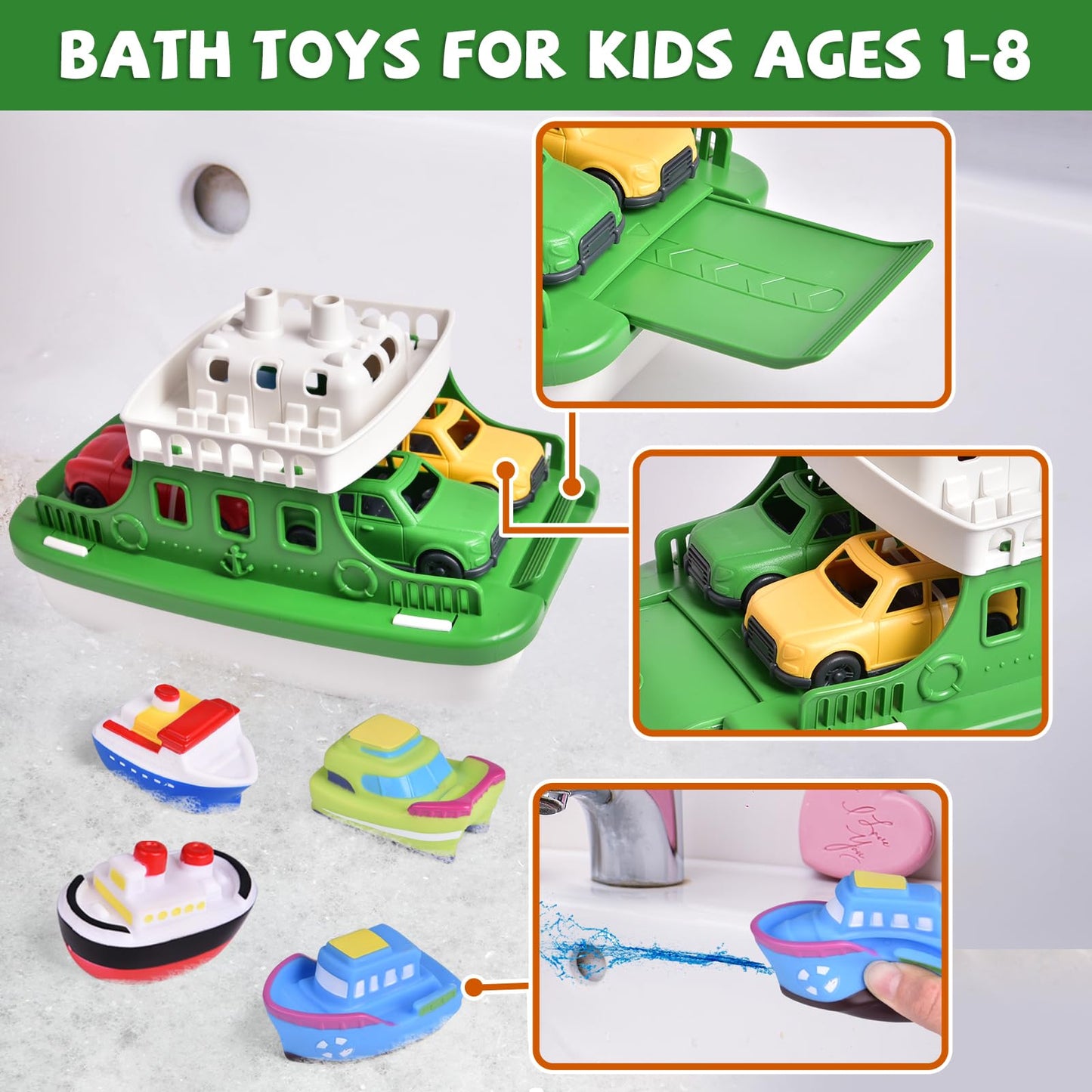Ferry Boat Bath Toy with Mini Cars, Floating Water Play Set with Boat Squirters for Toddlers 1-3 & Kids Ages 4-8