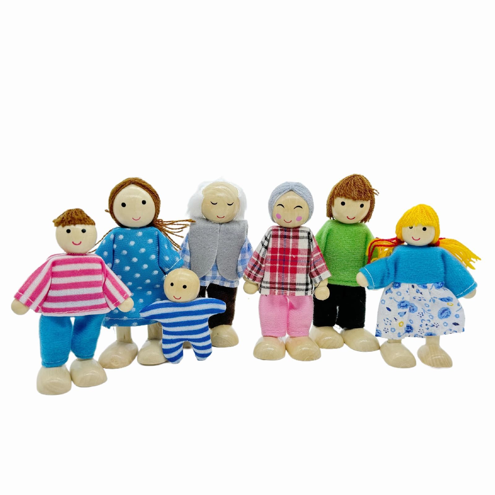 HYSTYLE 7 Pack Wooden Dollhouse Family Dolls Pretend Play Figures, Family Role Play Pretend Play People Figures