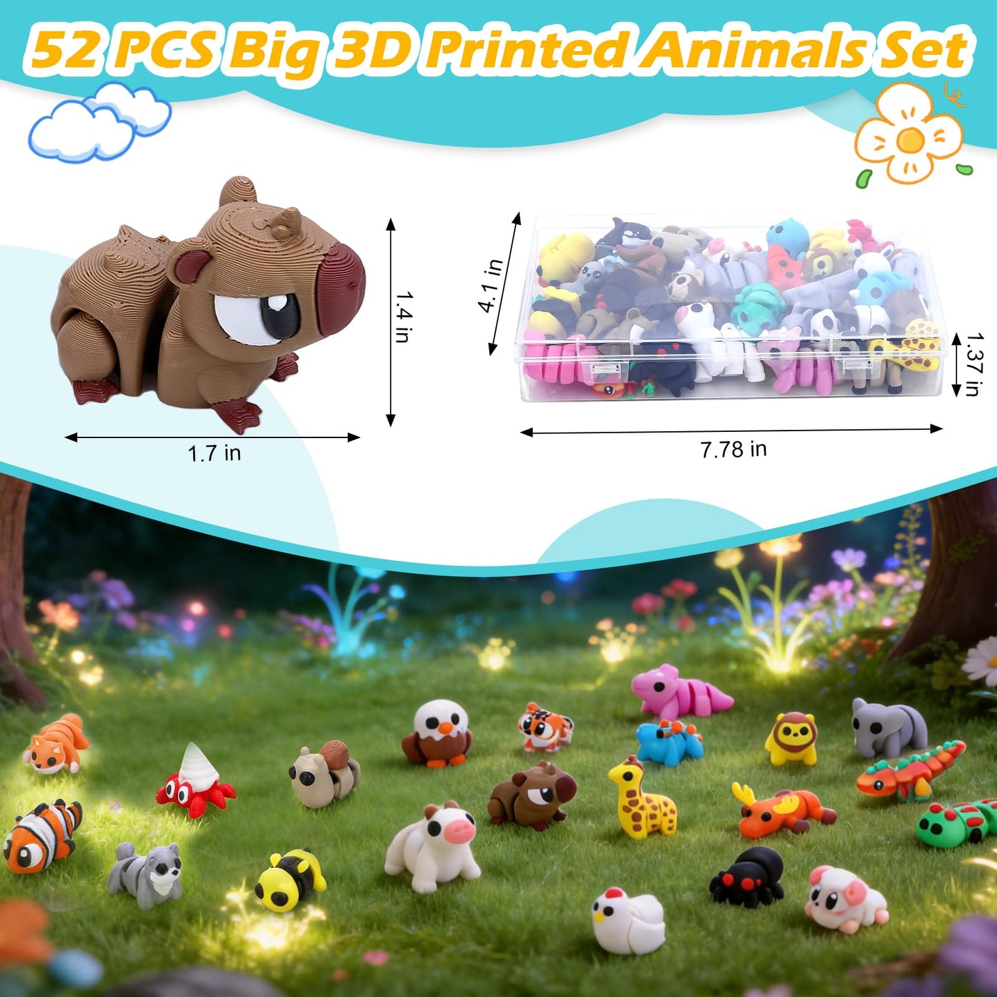 YRBIGSP 52 PCS 3D Printed Animals Set, Articulated 3D Printed Fidget Animal Toys for Kids Students Classroom Rewards,Party Favors, Easter Christmas
