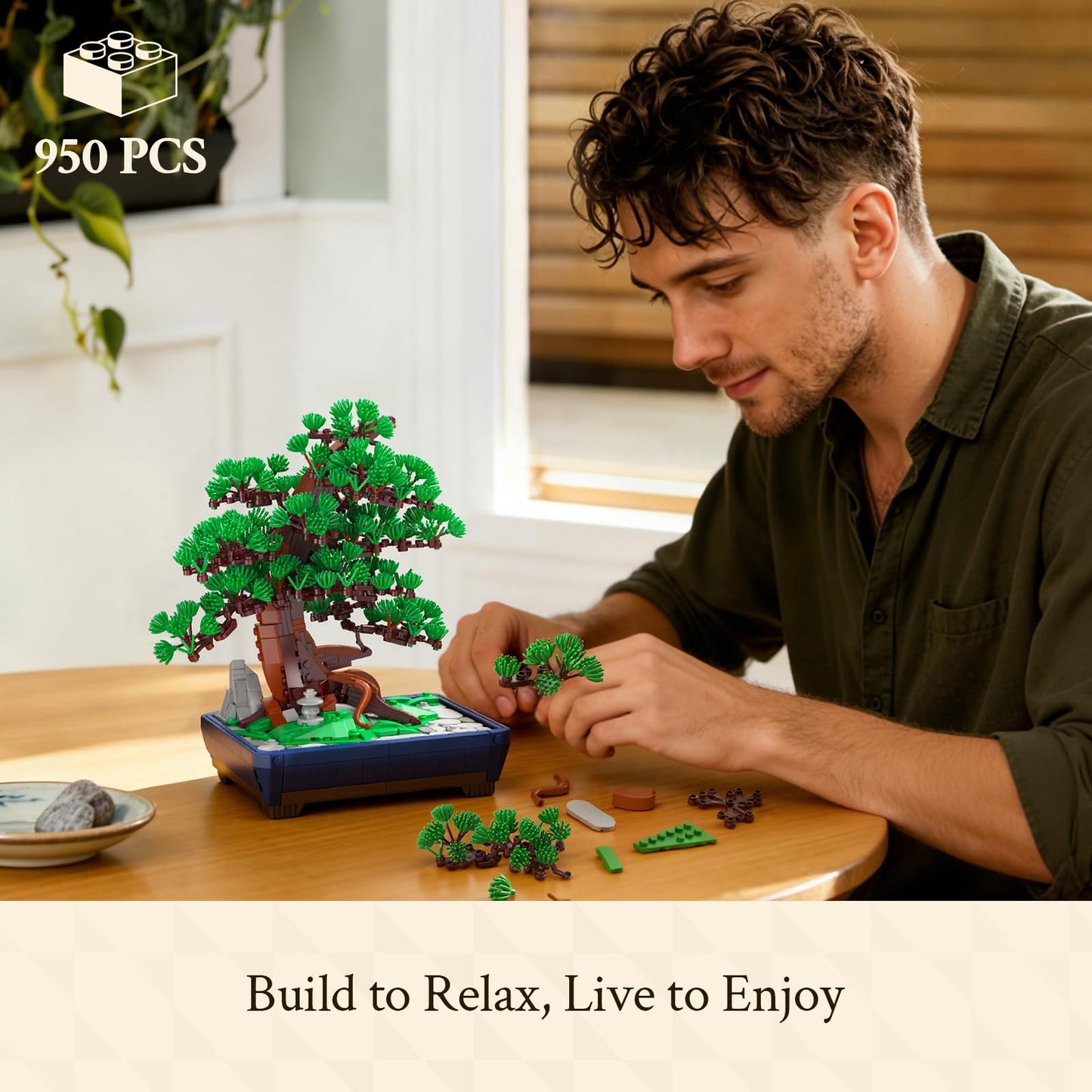 Wise Block Bonsai Tree Building Set for Adults, 950 PCS Japanese Pine Bonsai Building Kit with Interchangeable Snow & Green Foliage, Botanical