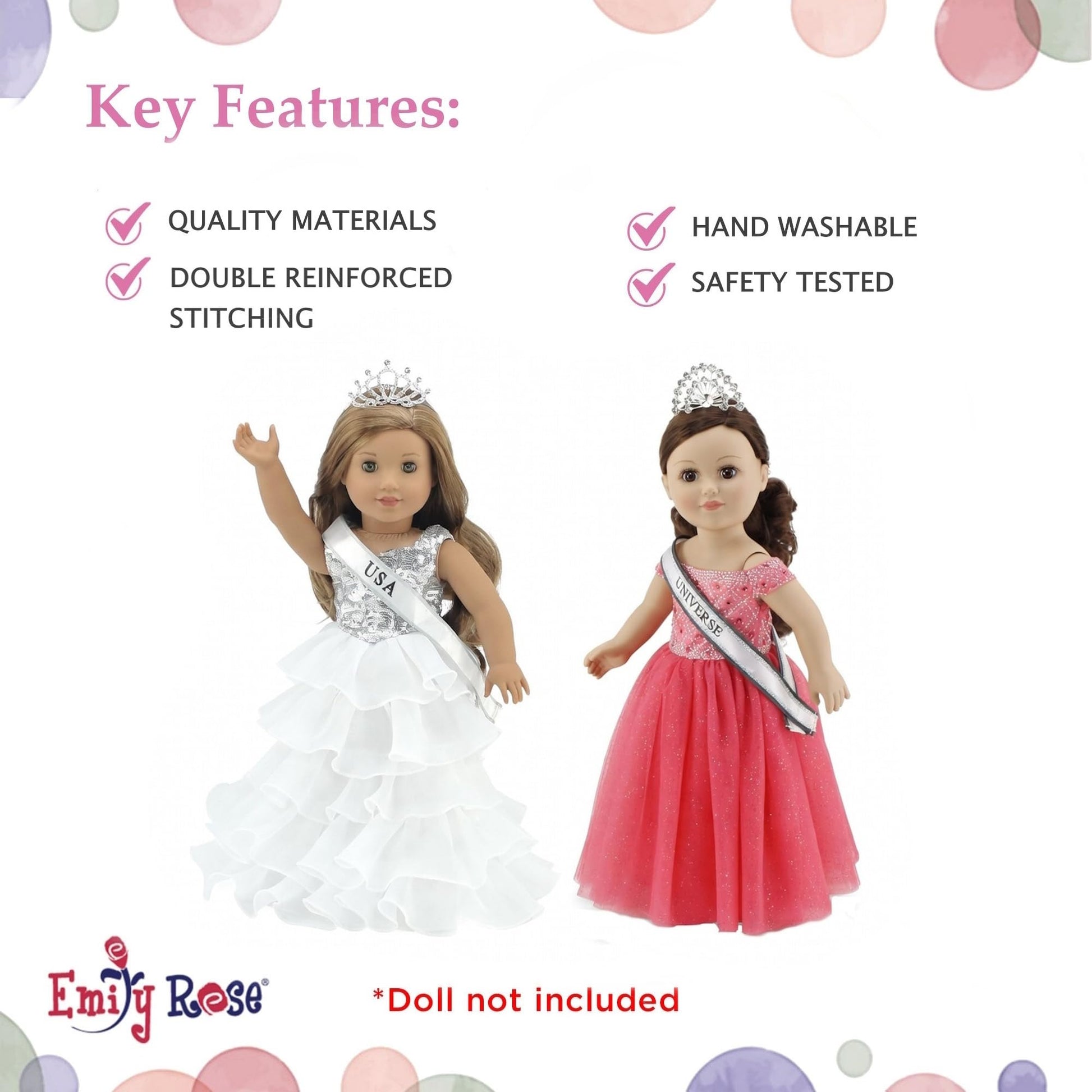 Emily Rose 18 Inch Doll Clothes 6-PC Pageant Dress & 18" Doll Accessories Bundle with Sashes & Crowns | Toy Gift Set for 5+ Little Girls Set | USA