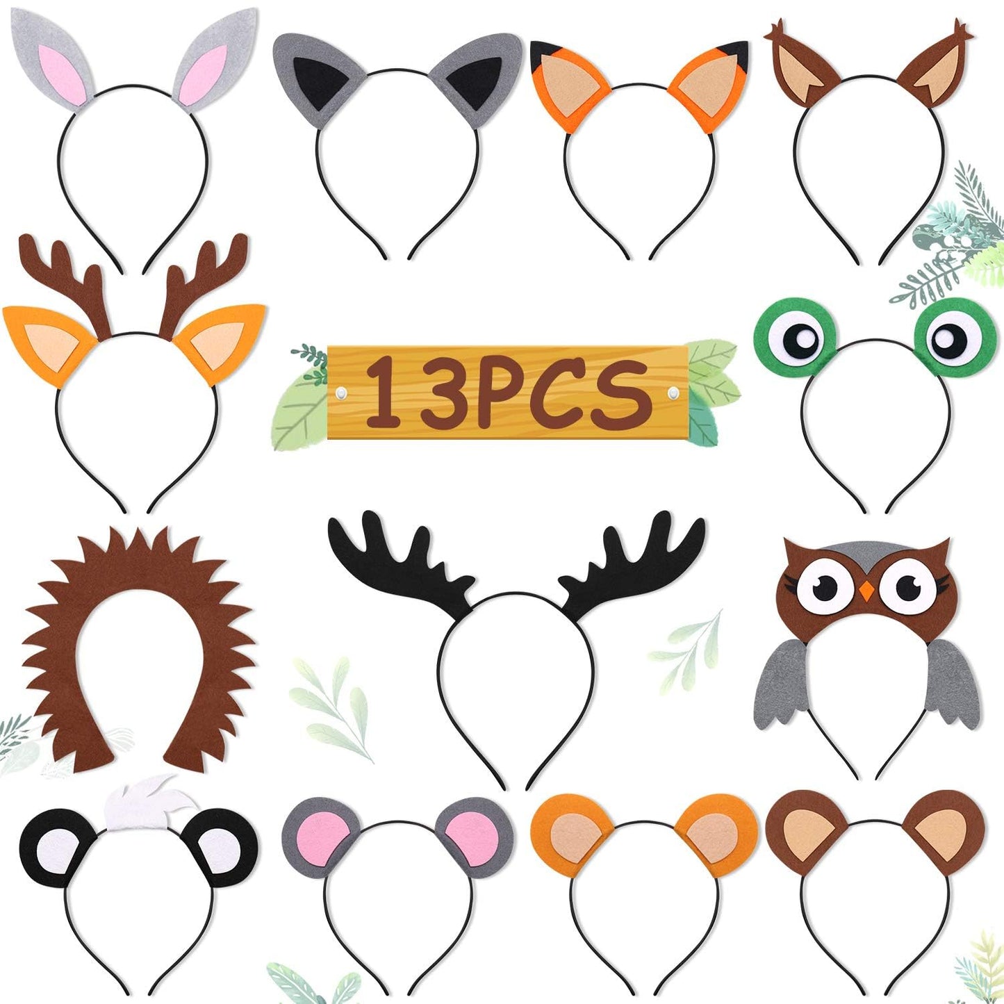 13PCS Woodland Animal Headbands Forest Friend Wild One Camping Theme Felt Ears Headbands For Woodland Creature Theme Baby Shower Birthday Party Favors
