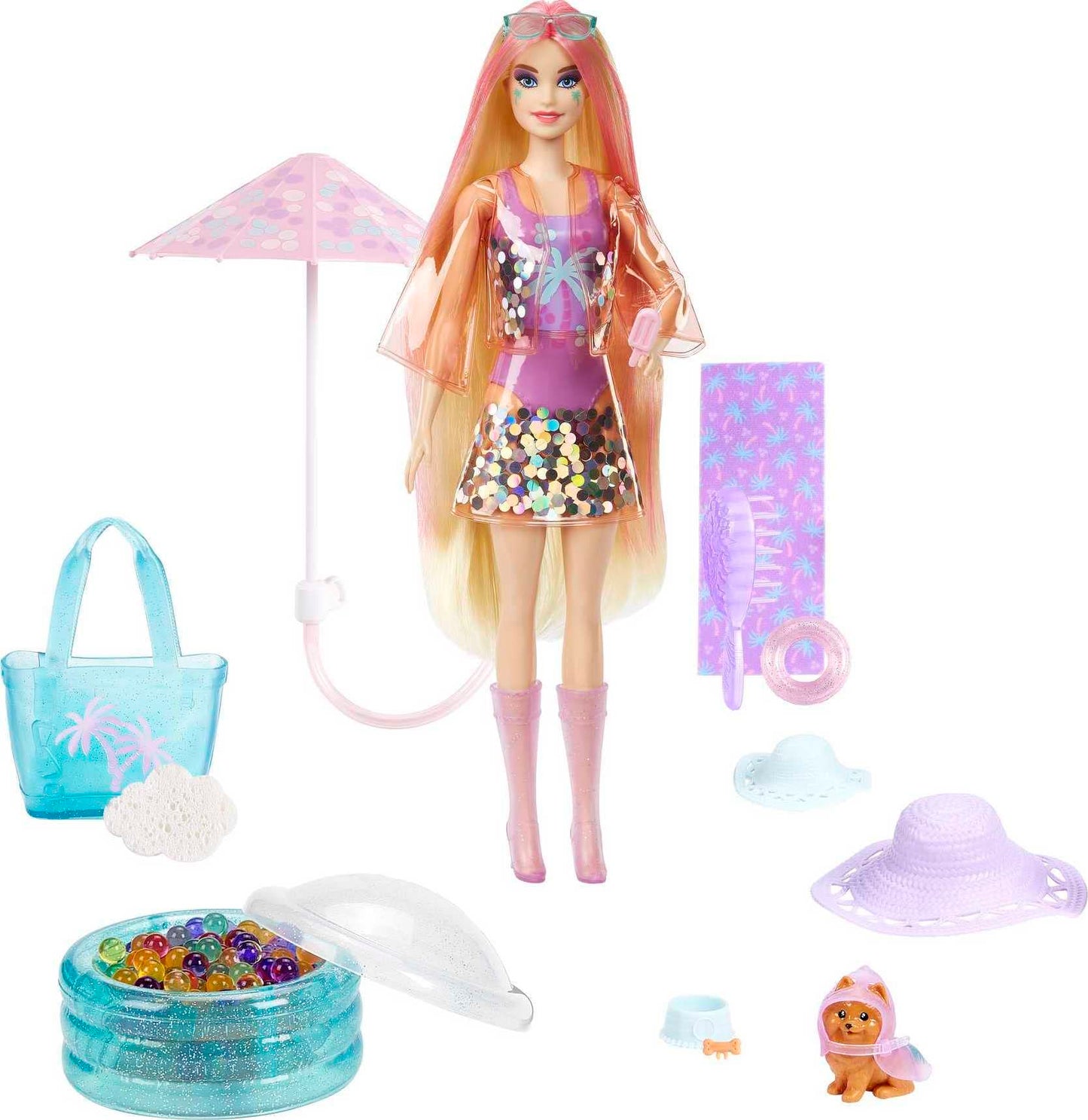 Barbie Color Reveal Sunshine and Sprinkles Doll & Accessories with 25 Surprises, Palm Tree Theme Including Water-Shower Umbrella & Color Change
