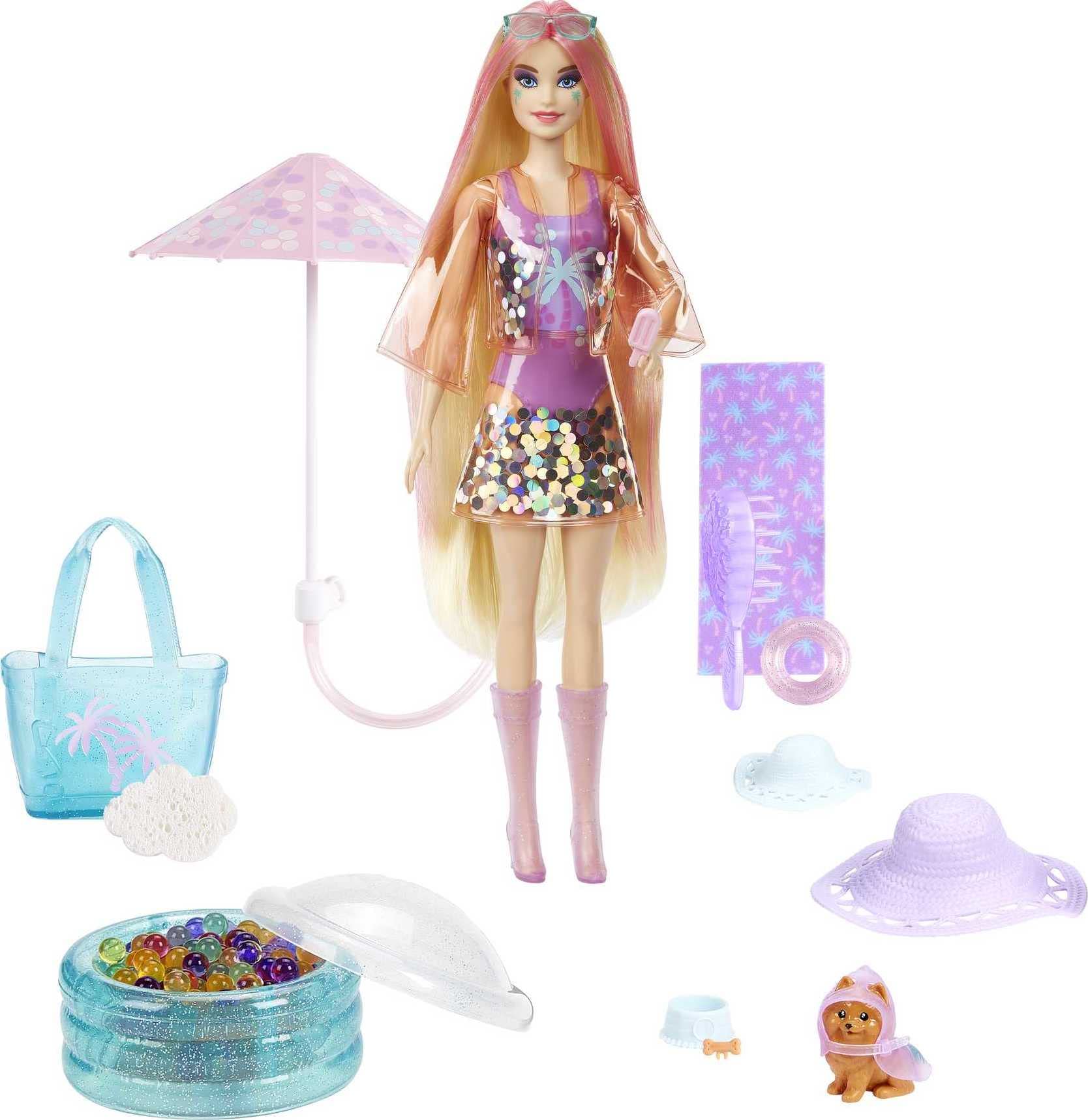 Barbie Color Reveal Sunshine and Sprinkles Doll & Accessories with 25 Surprises, Palm Tree Theme Including Water-Shower Umbrella & Color Change