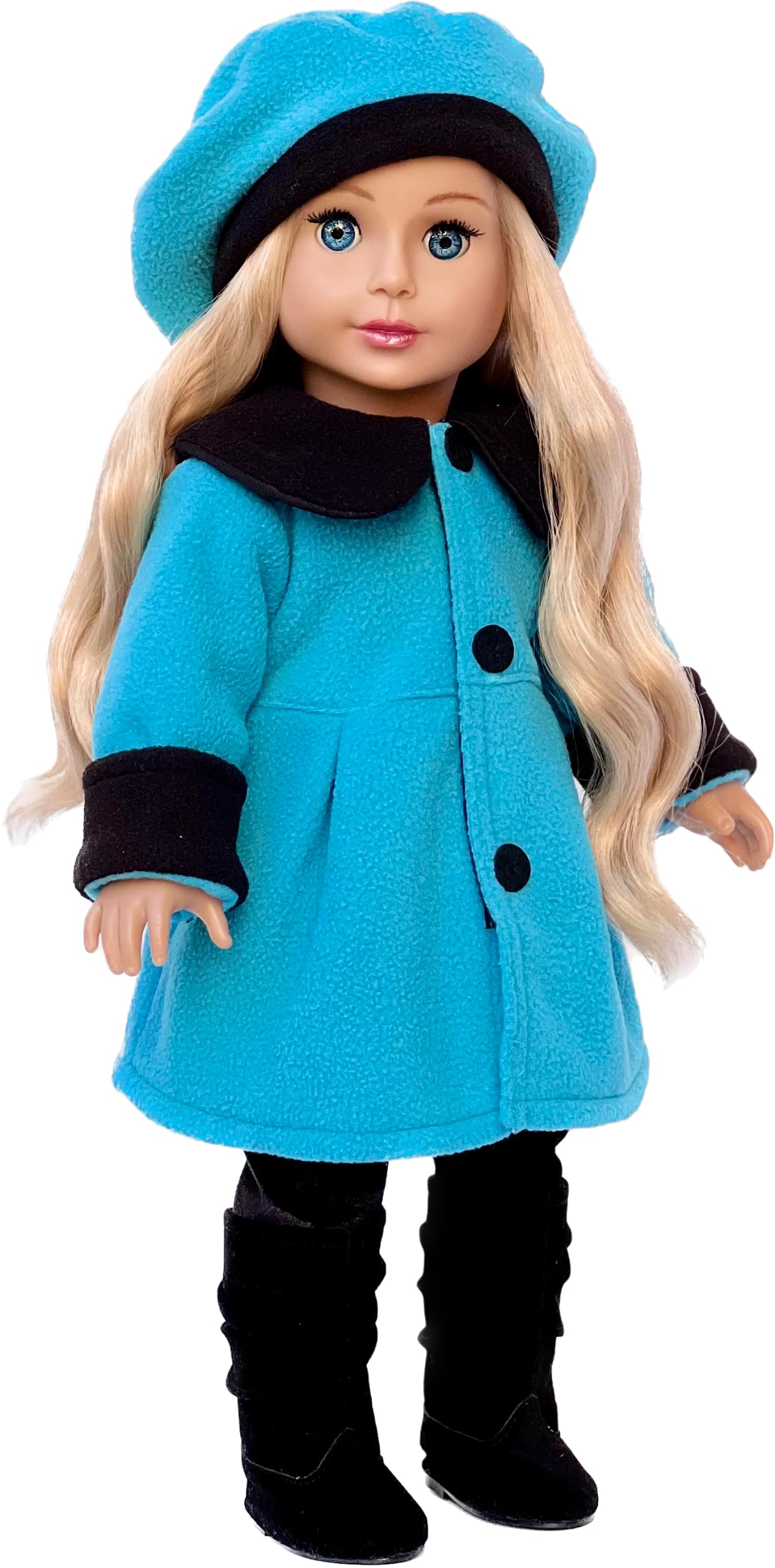 Parisian Stroll - 4 Piece Outfit - Blue Fleece Coat with Matching Beret, Black Leggings and Boots - Clothes Fits 18 Inch Doll (Doll Not Included)