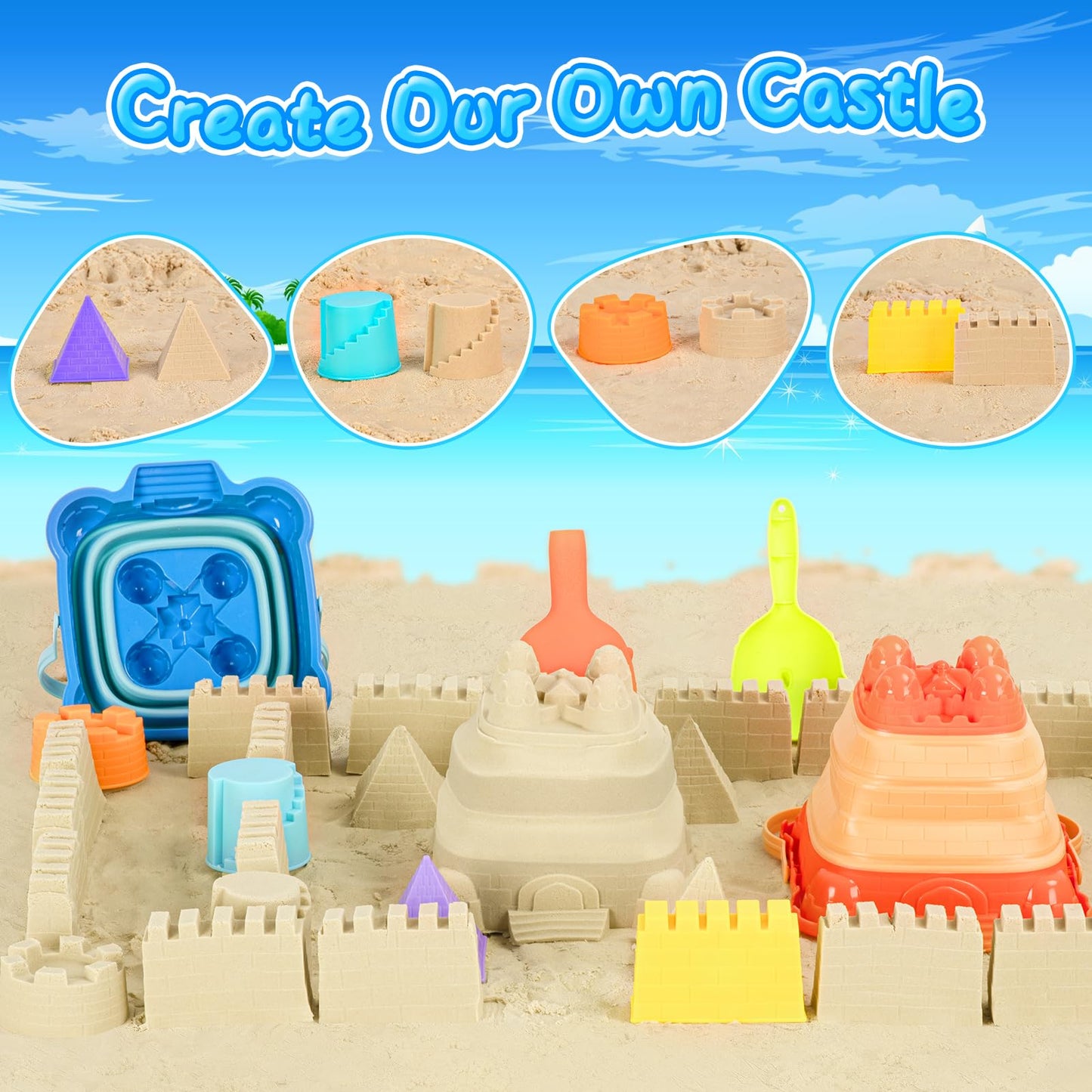 HUGCATY Beach Toys, Collapsible Sand Toys - 9pcs Sand Castle Building Kit: Foldable Sand Buckets, Shovels, Castle Molds & Packable Mesh Bag - Sandbox
