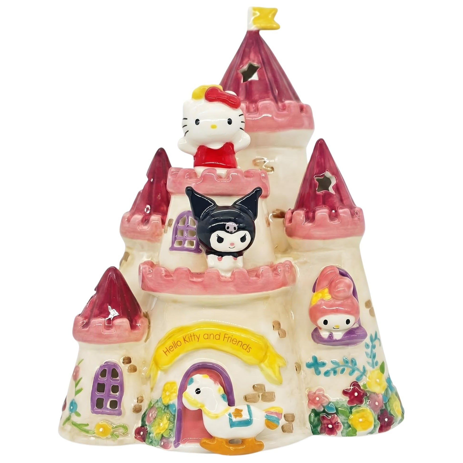 Blue Sky Clayworks Hello Kitty & Friends Castle Candle House, Ceramic, 7" L x 6" W x 8" H, Fairytale Window Glow