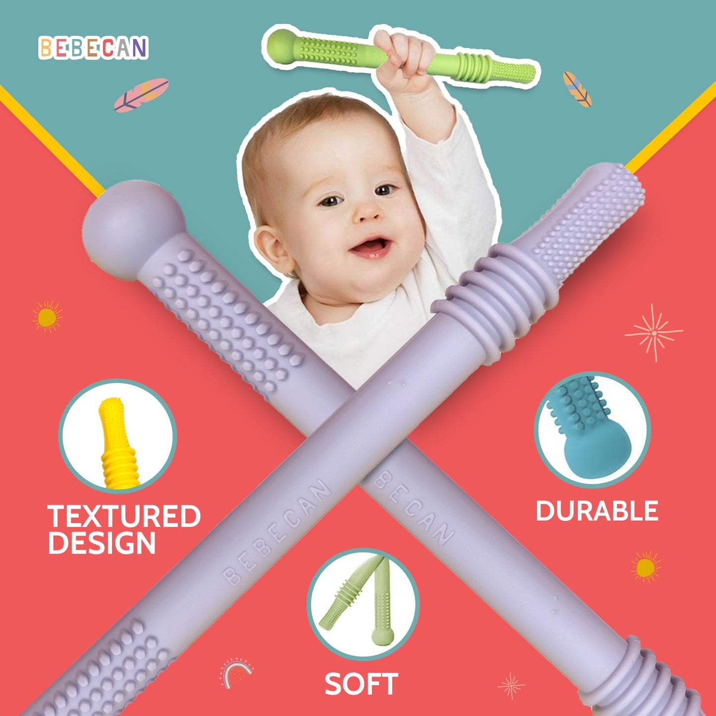 Bebecan Teething Sticks for Babies 36+ Months - Super Soft Silicone Teething Aids, Infant Oral Soothing Relief Back Molars, Multicolor 6-Pack