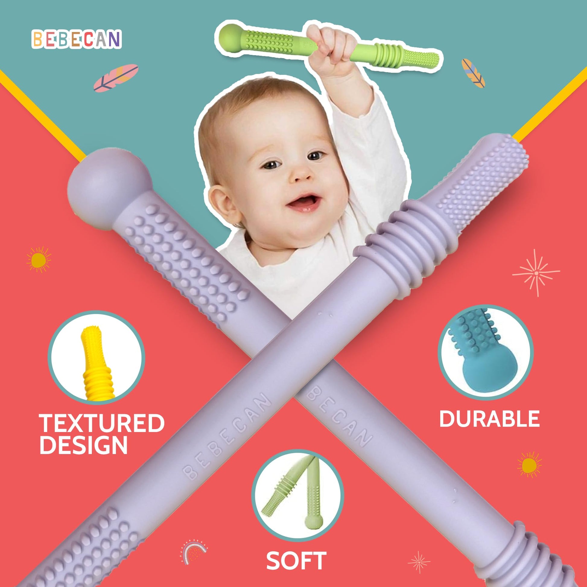 Bebecan Teething Sticks for Babies 36+ Months - Super Soft Silicone Teething Aids, Infant Oral Soothing Relief Back Molars, Multicolor 6-Pack