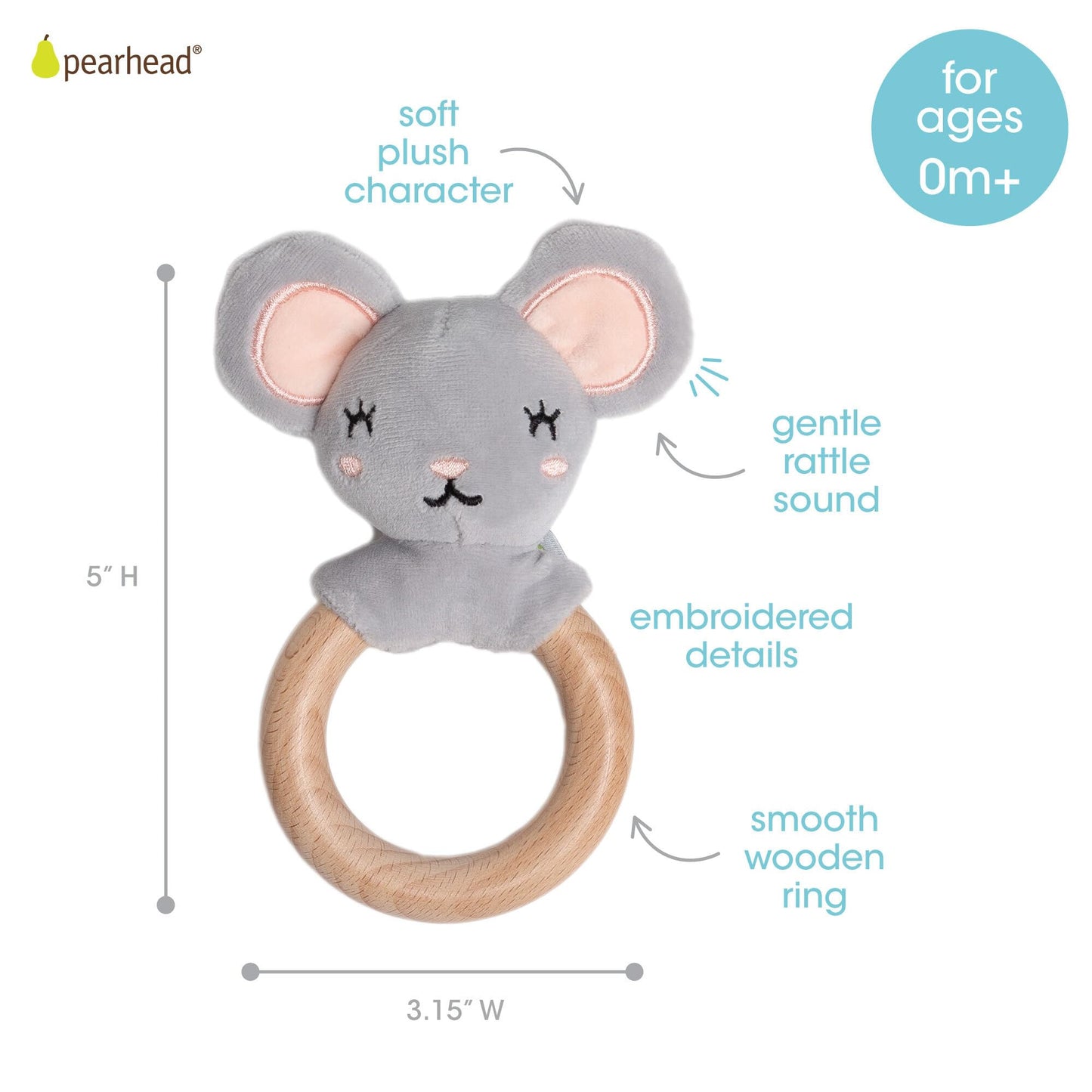 Pearhead Mouse Wooden Baby Teether - Soft Plush Lovey with Natural Wood Rattle Ring, BPA-Free, Soothes Infant Gums, Multi-Sensory Newborn Essential