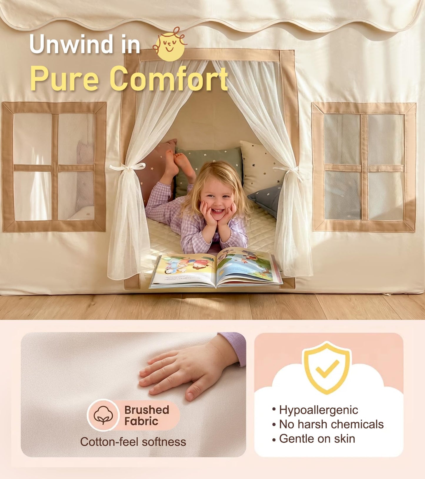 Play Tent with Mat, Star Light, Large Kids Playhouse with Windows Easy to Wash, Indoor and Outdoor Play Tents for Kids, Little Dove Toys for Girls