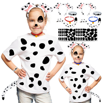 Ahuimeius 2 Set Dalmatian Costume, with Dog Ear, Felt Spots, for Halloween Dalmatian Costume Kids/Adults, Shirt, Black Felt Stickers for School DIY