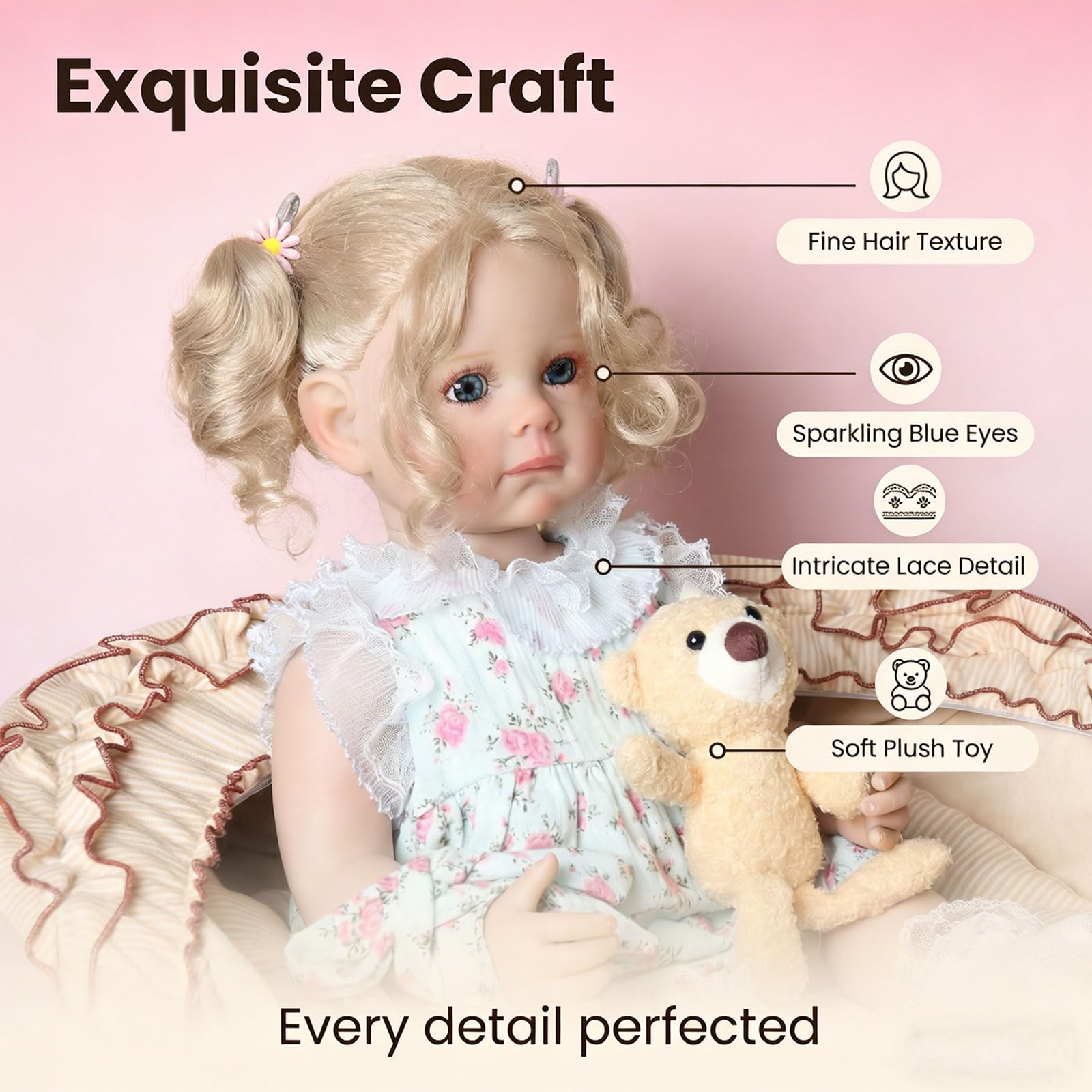 Tookyhill Lifelike Reborn Baby Doll - 22 Inch Realistic Blonde Toddler Doll with Curly Hair, Blue Eyes & Bear Toy Accessories, BPA-Free Posable Full