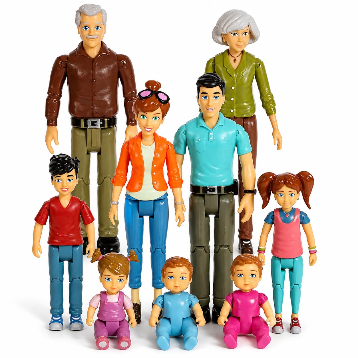 Beverly Hills Sweet Li’l Family Bendable Mini Dollhouse Figures | Set of 9 Grandpa, Grandma, Mom, Dad, Sister, Brother, Toddler, Twin Boy & Girl