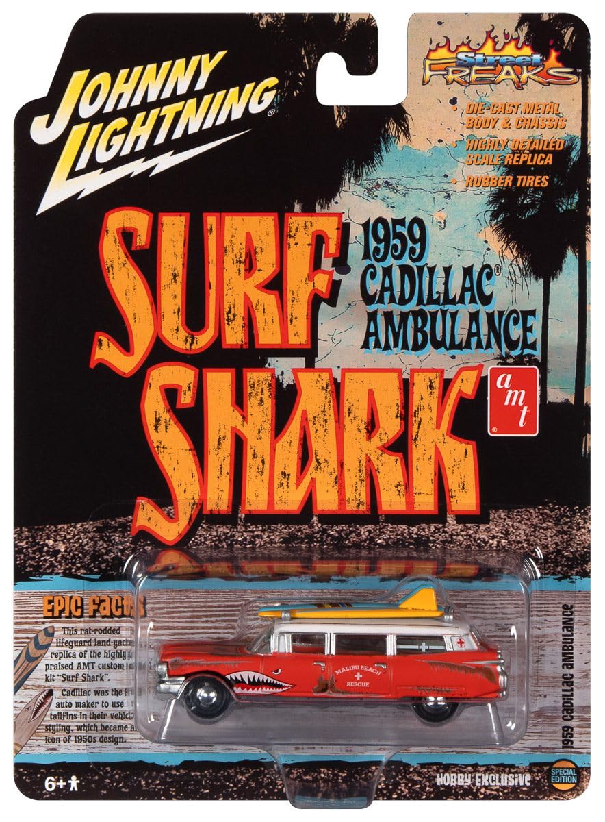 Johnny Lightning 1959 Cadillac Ambulance Red with White Top Malibu Beach Rescue (Weathered) with Surfboards on Roof Surf Shark Street Freaks Series