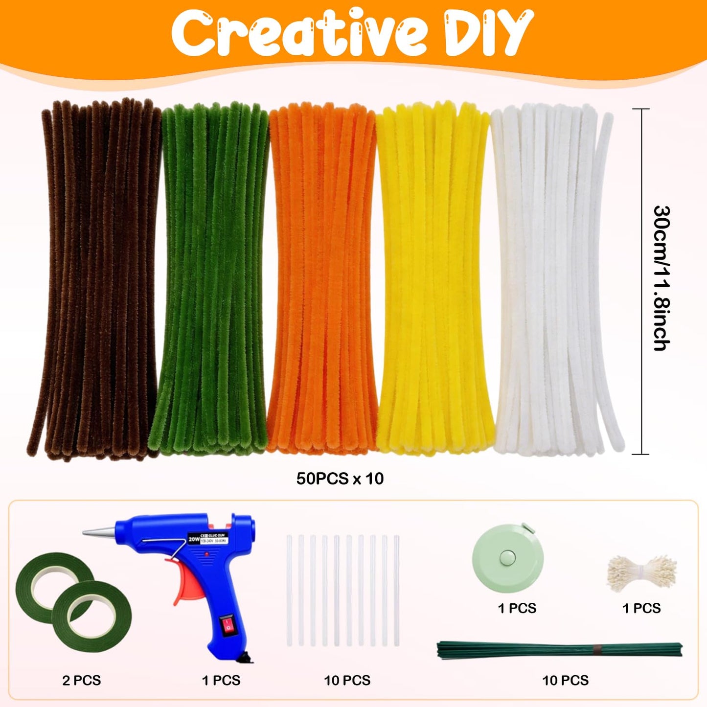 Zeadylaris 500 Pcs Thick Pipe Cleaners Craft Kit for Beginners - 5 Colors Chenille Stems for DIY Flowers & Crafts, with Glue Guns, Floral Wires