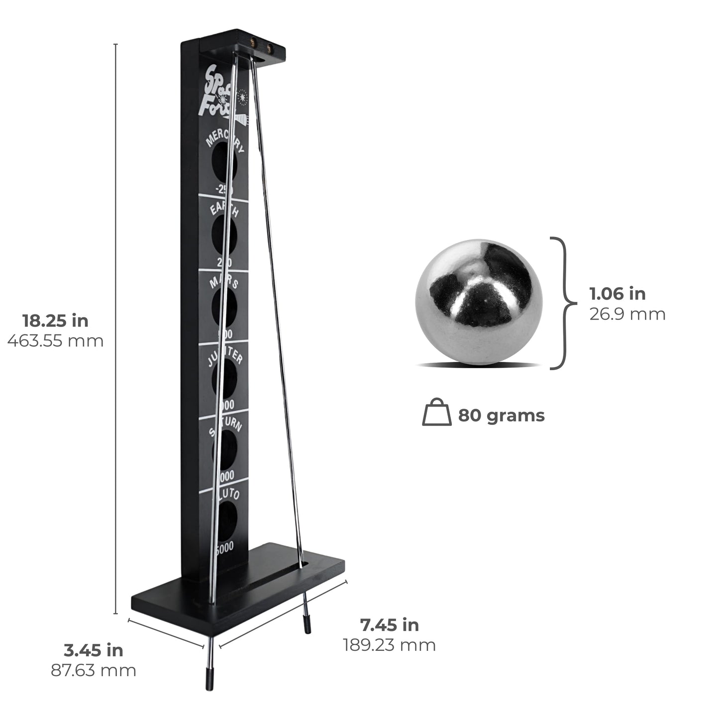 WE Games Shoot the Moon Game, Large 18 inches, Black Stained Solid Wood Board with Metal Ball and Rods, Retro Balancing Game for Family and Bar