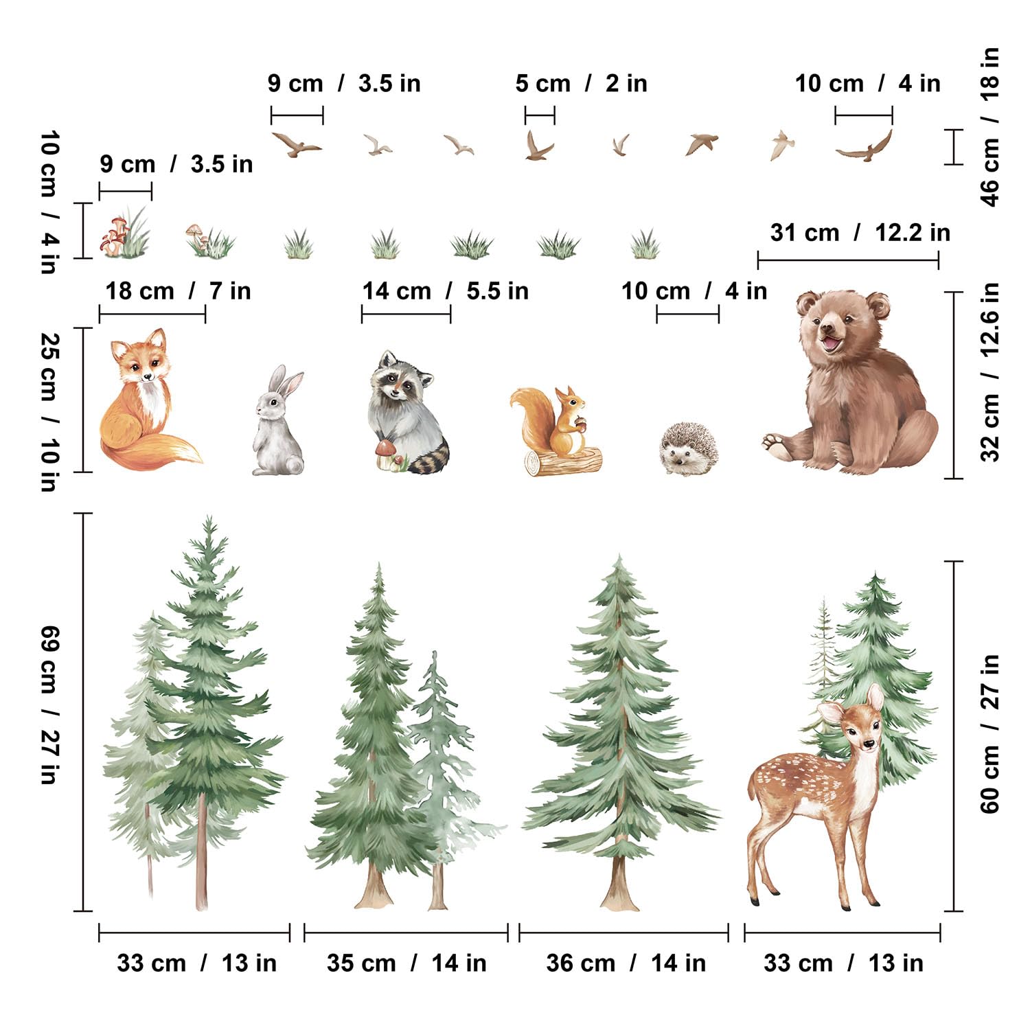 Large Mountain Tree Wall Stickers,Woodland Animal Wall Decals Include Fox,Peel,Bear for Kids Room Baby Nursery Bedroom Wall Decor