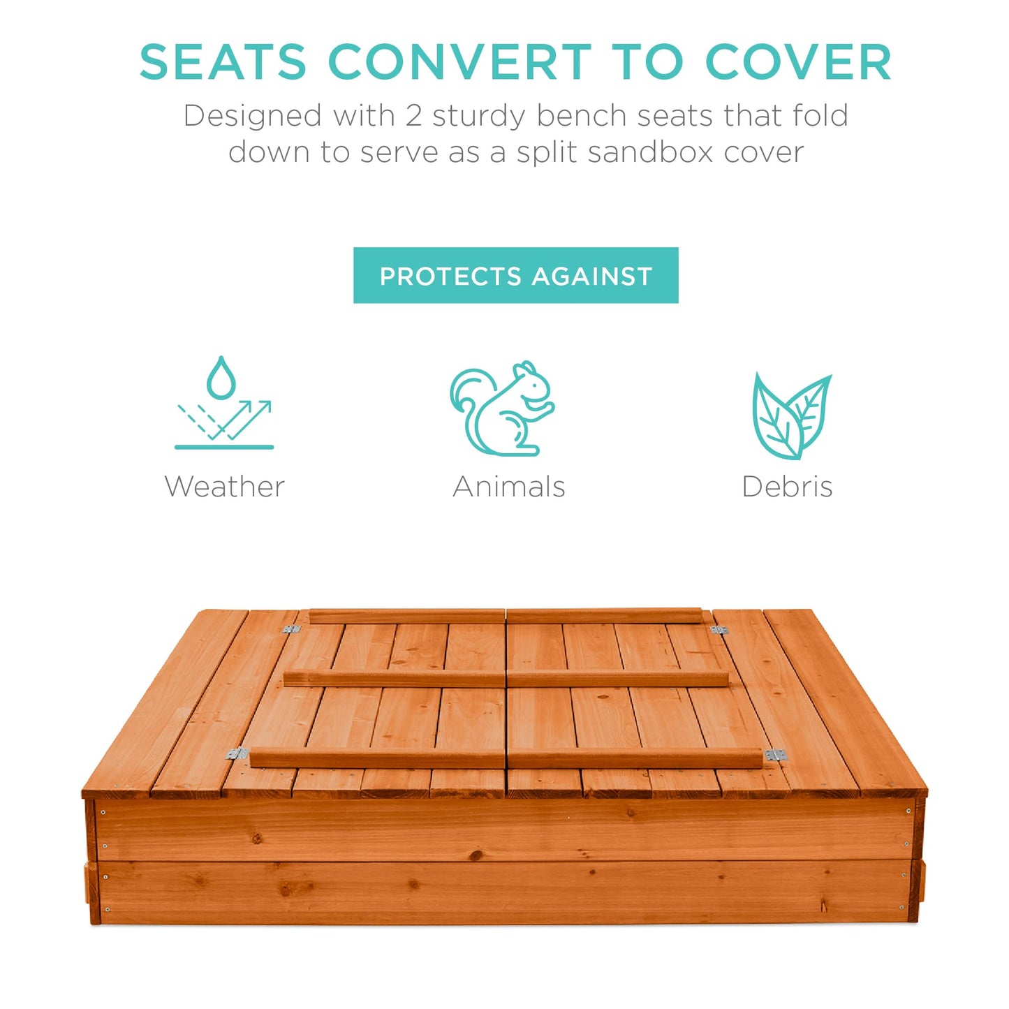 Best Choice Products Large Outdoor Wooden Sand Box for Kids, Sandbox with Cover, Bench Seats Support up to 220 lbs, Bottom Liner for Drainage, Cedar