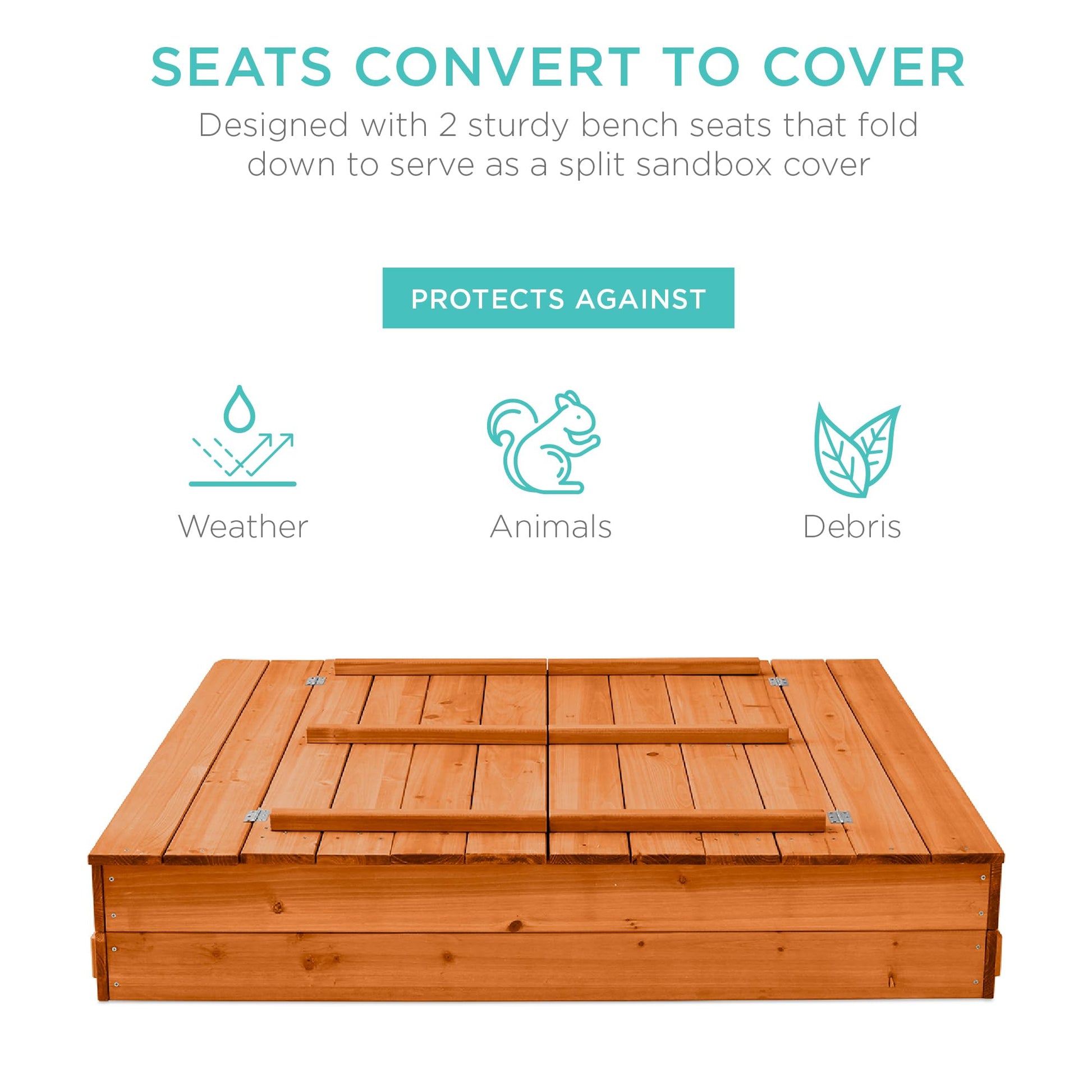 Best Choice Products Large Outdoor Wooden Sand Box for Kids, Sandbox with Cover, Bench Seats Support up to 220 lbs, Bottom Liner for Drainage, Cedar
