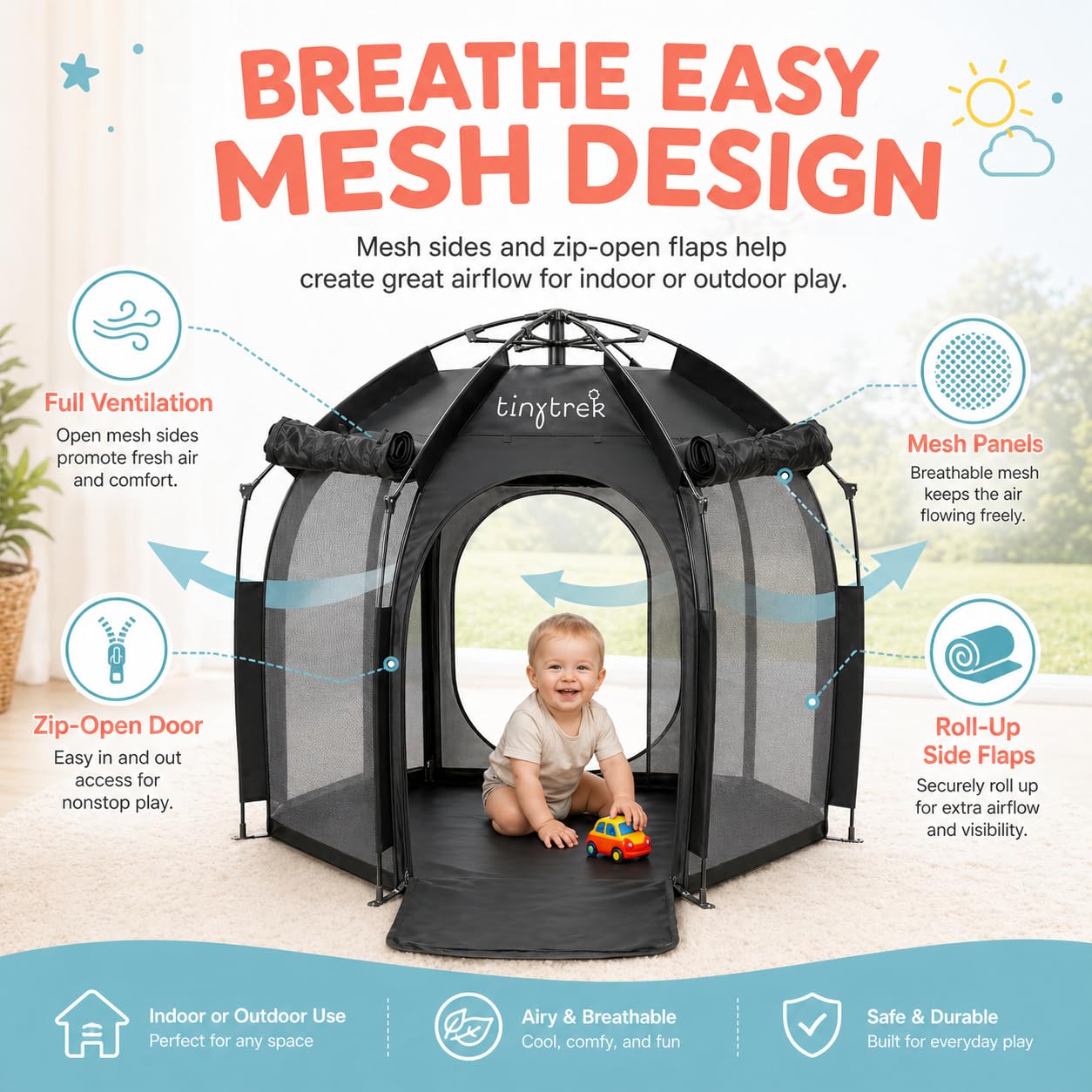 TinyTrek Kids Play Tent for Indoor and Outdoor Fun, Portable Pop Up Tent with Breathable Mesh, Toddler Play Space for Travel, Backyard, Camping