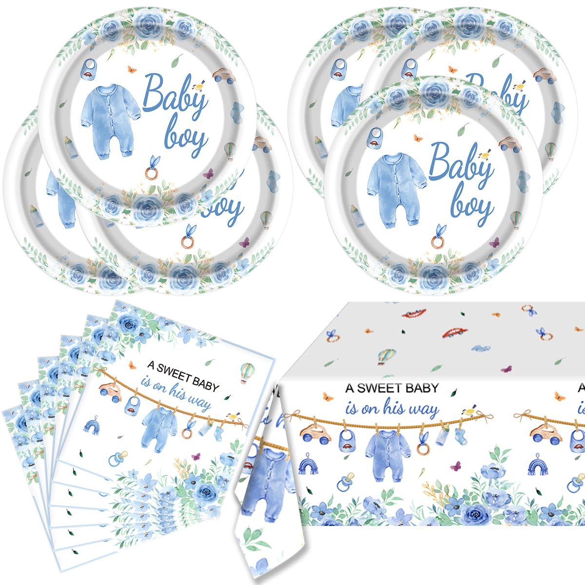 Blue Baby Boy Shower Birthday Tableware Set, 20 Disposable Plates and 20Napkins 1pcs Tablecloth, for Baby Boy Baby Shower Decorations (Blue)