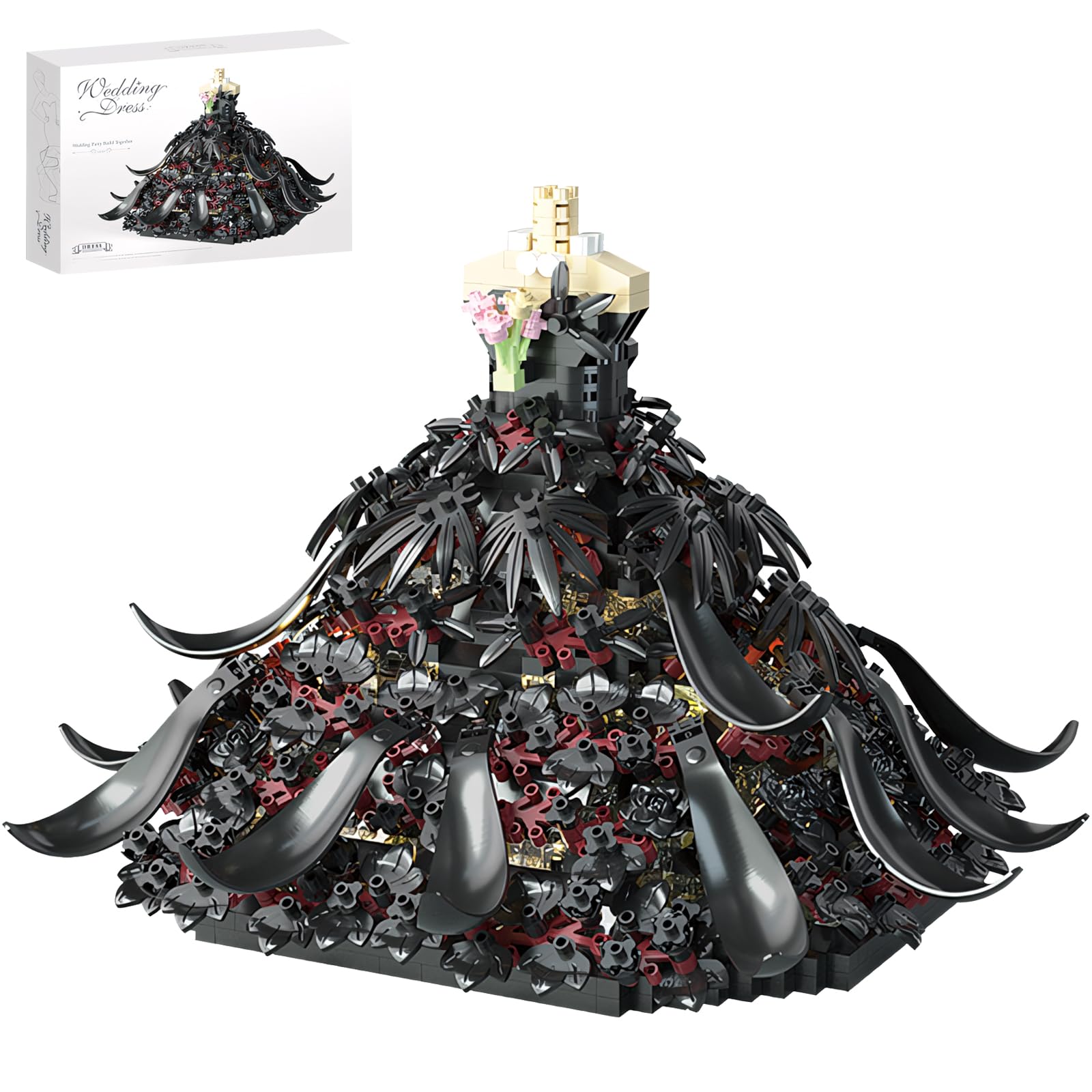 YCJZXMS Wedding Dress Building Block Set for Adults, 1501 Pieces Black Bridal Dress Display Model, Stylish Desk Shelf Bedroom Living Room Decor