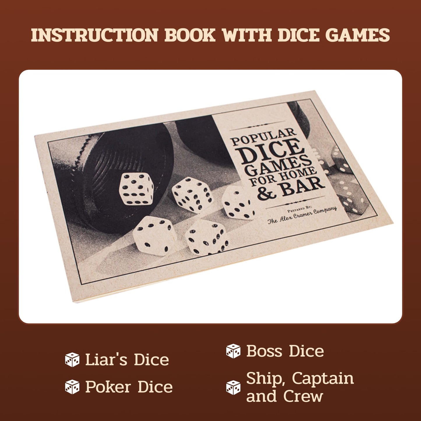 Alex Cramer Golden Gate Dice Cup Set - 5 White Dice, Drawstring Pouch & Book of Dice Games (Liars Dice Game) Included - Leather Dice Cup - Noiseless