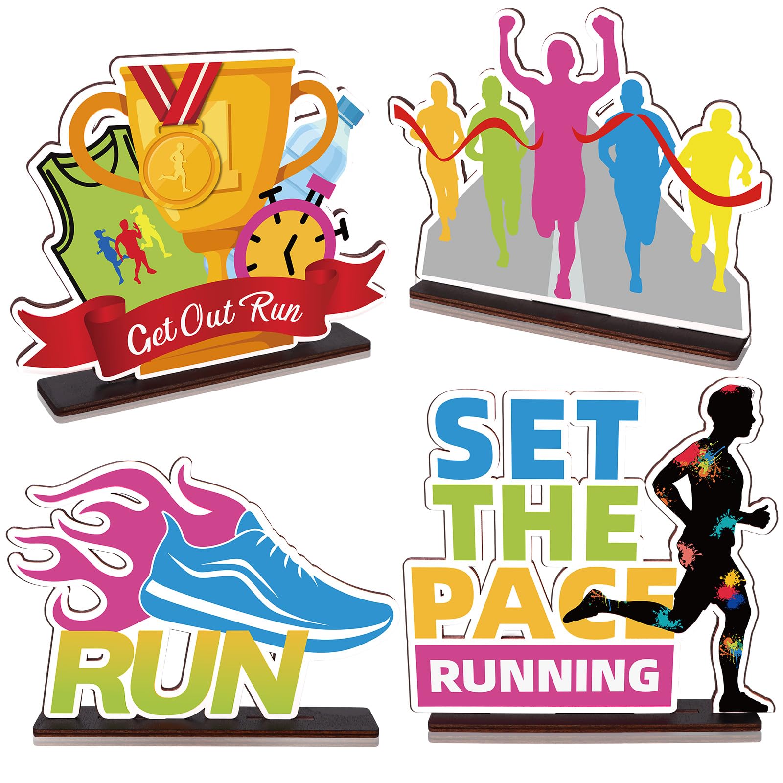 Ioffersuper 4 Pieces Wood Running Table Decorations Running Tabletop Centerpieces Running Marathon Table Toppers Sport Birthday Party Decoration