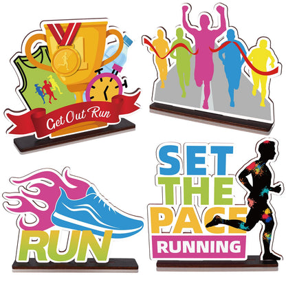 Ioffersuper 4 Pieces Wood Running Table Decorations Running Tabletop Centerpieces Running Marathon Table Toppers Sport Birthday Party Decoration