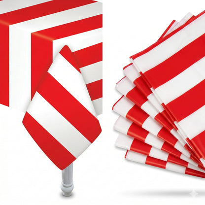 Oojami Carnival Theme Tablecloths 6 Pack - Red and White Striped Plastic Disposable Table Covers 54 x 108 Inch for Circus Party Decorations, Birthday