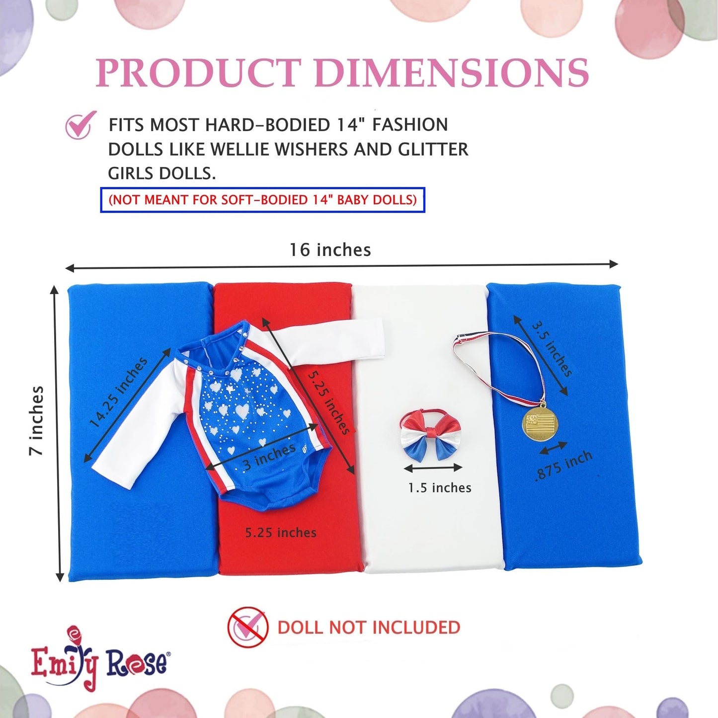 Emily Rose 14" Doll 5-PC Gymnastics Outfit Set with Bejeweled Leotard, Winner Medal & Reusable Stickers | Padded Mat & Hair Tie | Fits WellieWishers &