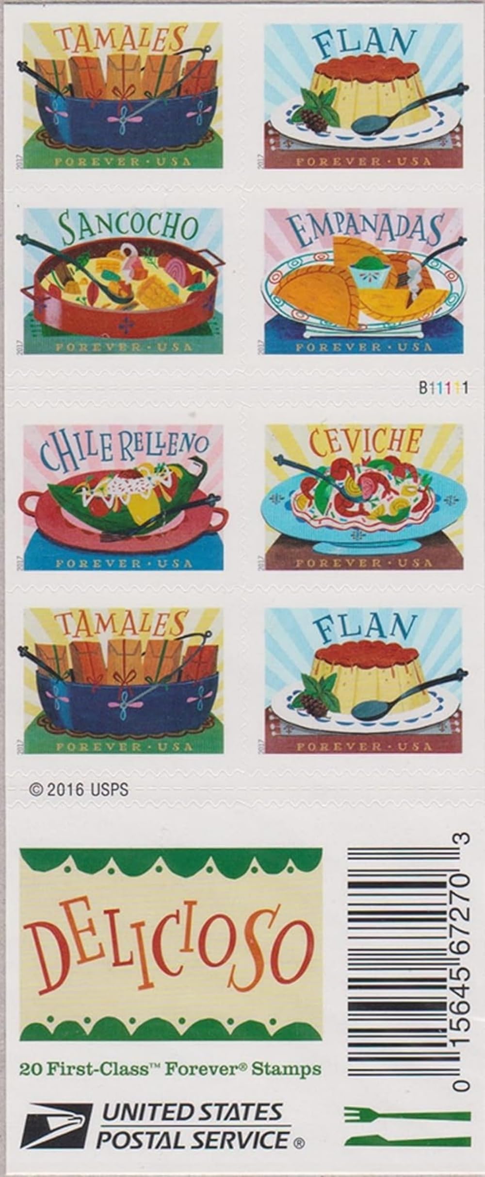 Delicioso Book of 20 USPS one-ounce rate Forever Postage Stamps Latin Food Traditional