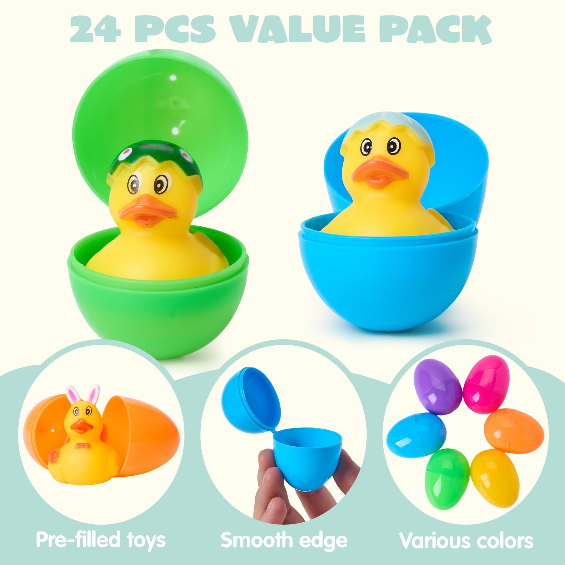 JOYIN 24 Pcs Prefilled Easter Eggs with Rubber Ducks, Variety Duckies for Easter Egg Hunt, Kids Basket Stuffer, Bath Toy Party Favors, Classroom Prize
