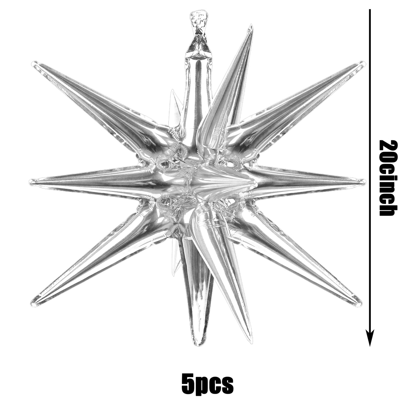 5 Pack 12 Point Foil Cone Balloons Starburst Cone Mylar Balloons Large Explosion Star Balloon for Wedding Party Photo Booth Decoration Supplies Silver