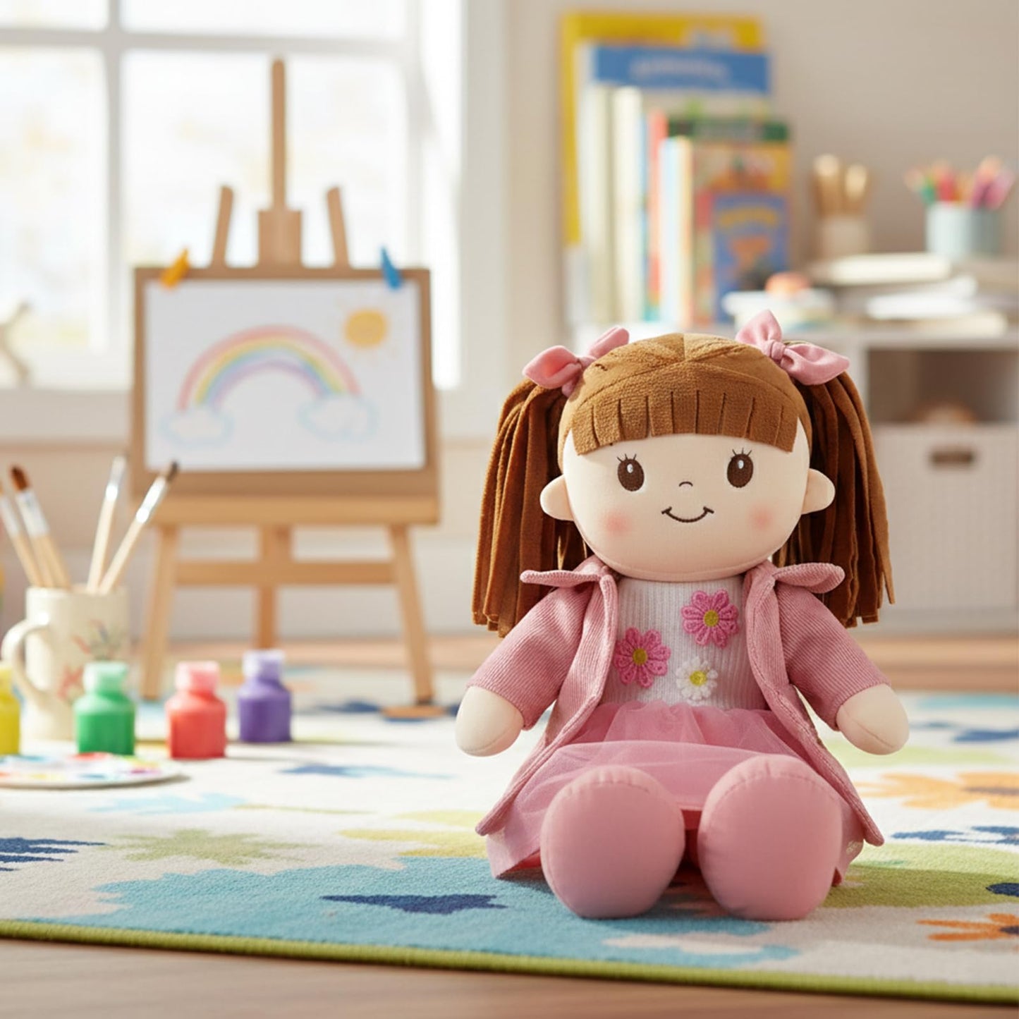 Linzy 15" Little Sweet Hearts Emily Doll - Adorable My First Plush Rag Doll for Girls - Soft Baby Doll with Braided Pigtails & Bows, Washable Sensory