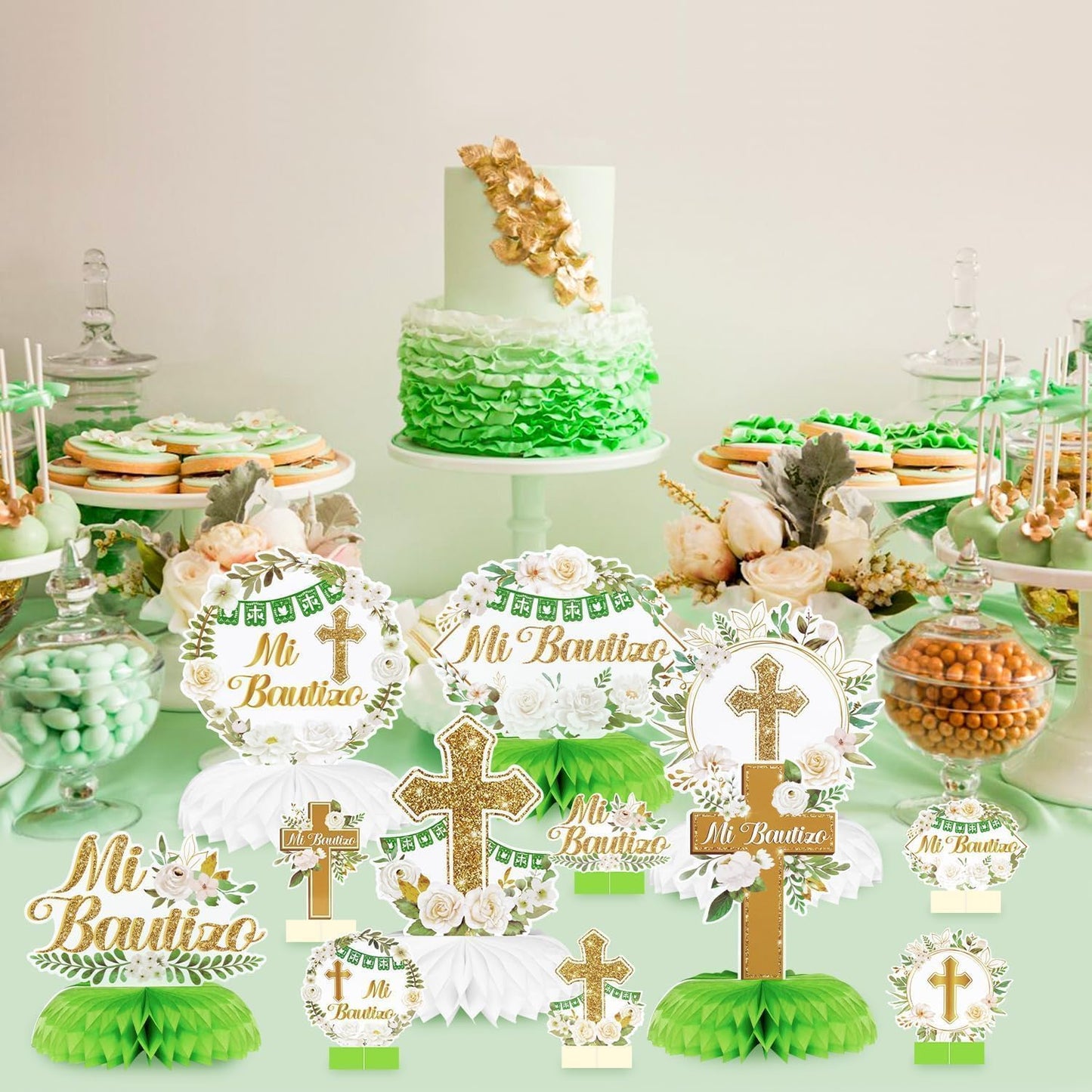 FFyhiinski Floral Honeycomb Table Centerpieces for Mi Bautizo Party- 12 Cross Green Baptism Table Toppers Decorations for First Confirmation