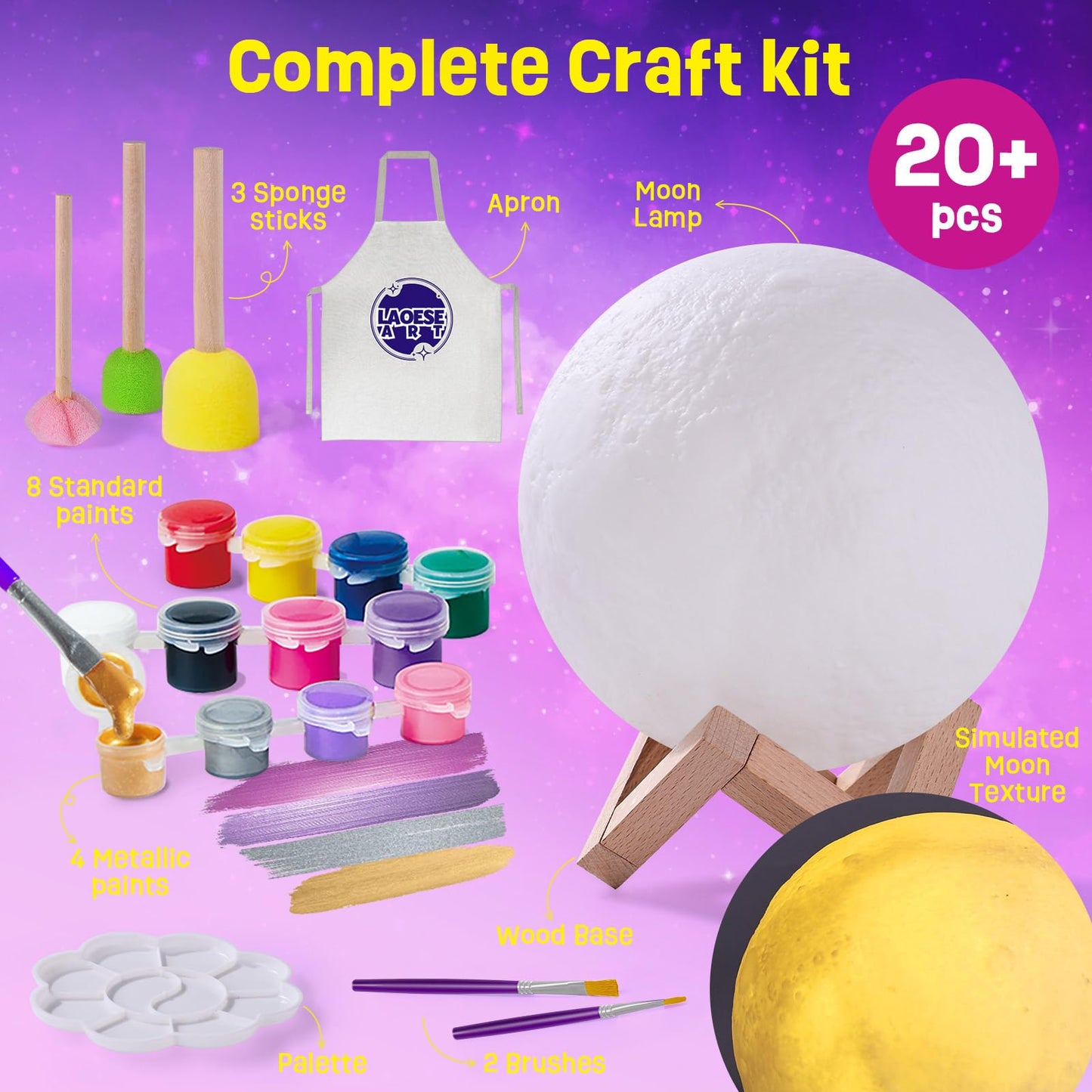 LAOESE Paint Your Own Moon Lamp Kit, Cool Gifts DIY 3D Moon Night Light, Arts and Crafts for Kids Ages 8-12, Space Art Supplies Craft Kits, Girls Boys