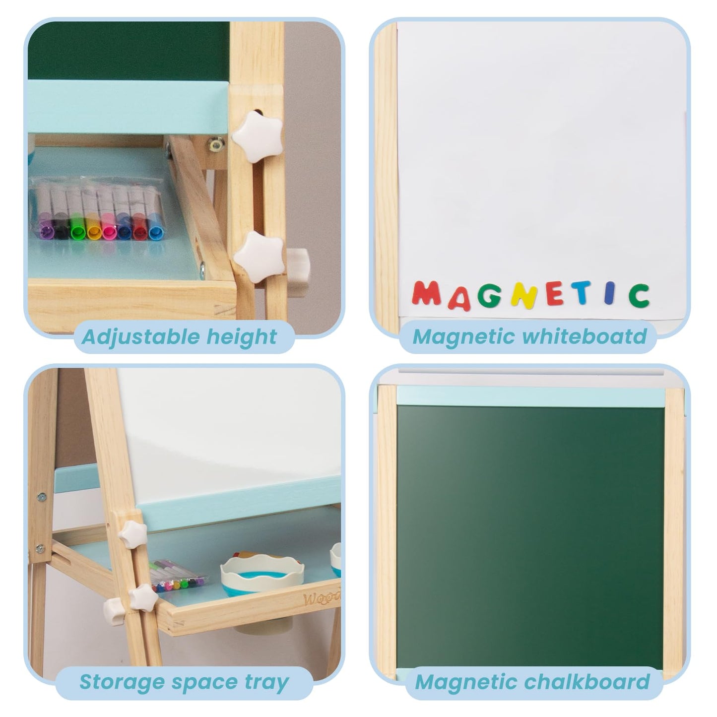 Kids Wooden Easel with Paper Roll, Adjustable Magnetic Double Sided Drawing Board Whiteboard & Chalkboard Dry Easel Board, Children Art Easel for 3-12