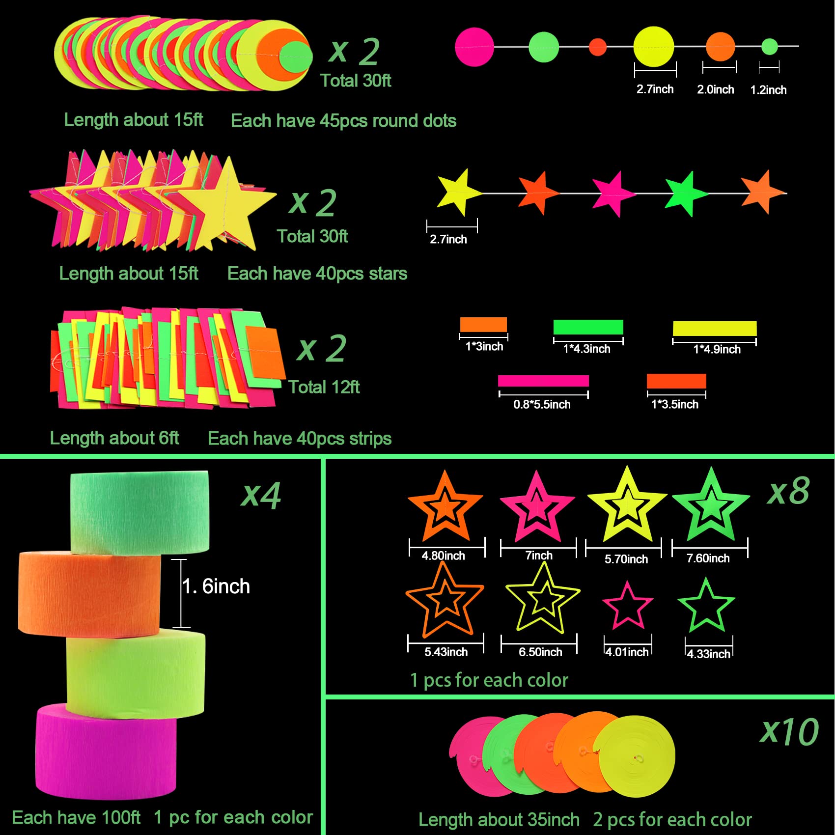 508ft UV Neon Paper Garland Crepe Streamers Glow in The Dark Party Supplies Garland Neon Party Decorations Streamers for Blacklight Reactive
