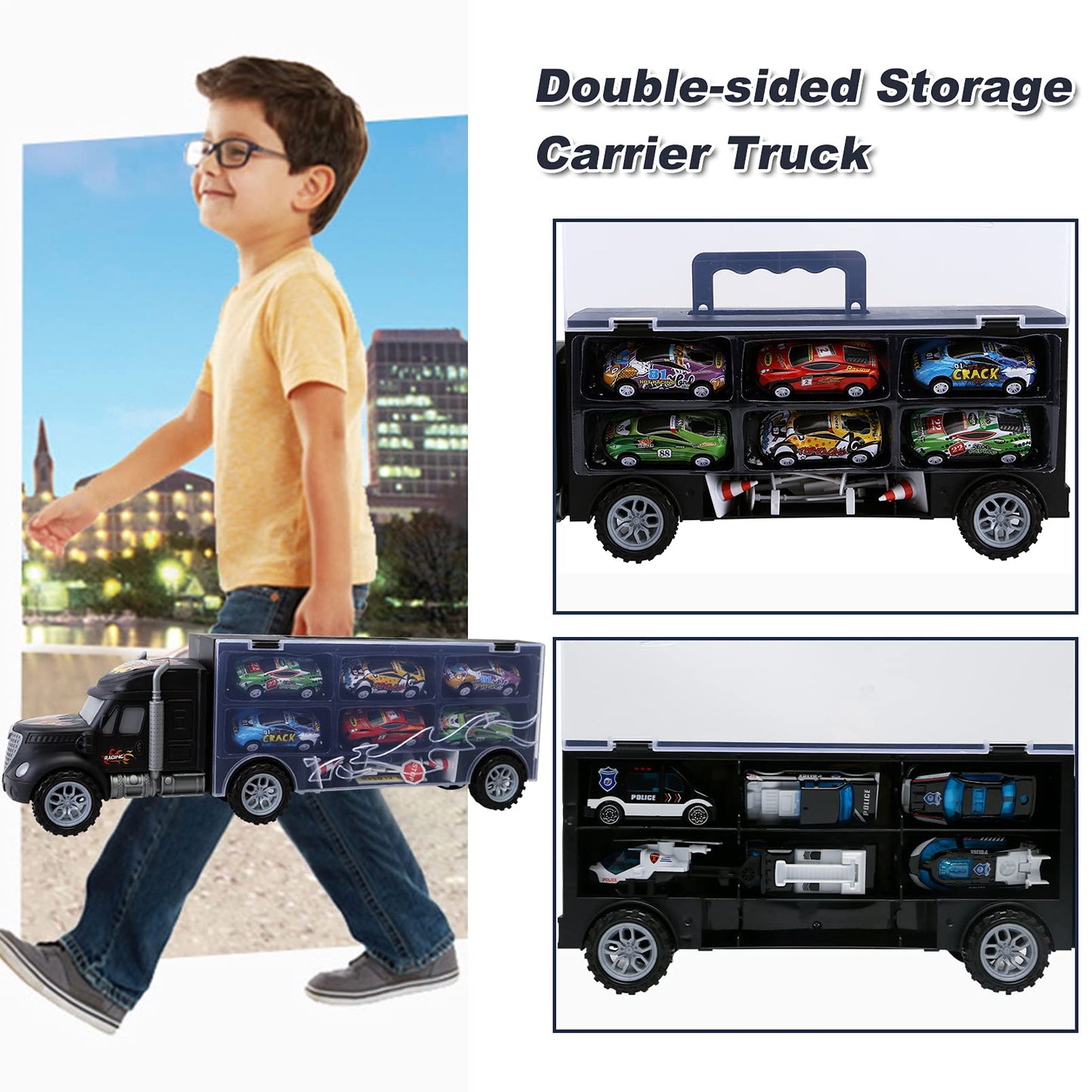 Toddler Toys for 3-4 Year Old Boys,Large Transport Cars Carrier Set Truck Toys with 12 Die cast Vehicles Truck Toys Cars,Ideal Christmas Easter Gifts