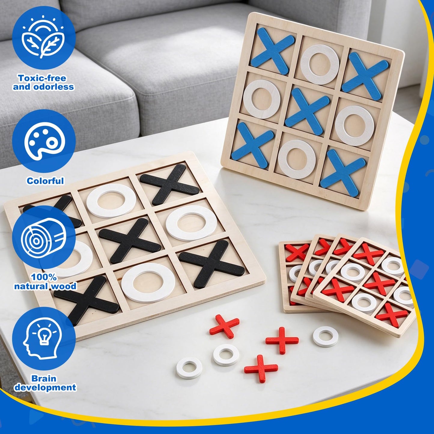 REGUICORP 6 Pack Tic Tac Toe Board Game, 3 Sizes Wooden Tic Tac Toe Game, Tic Tac Toe Coffee Table Decor, Classical Family Board Games for Family