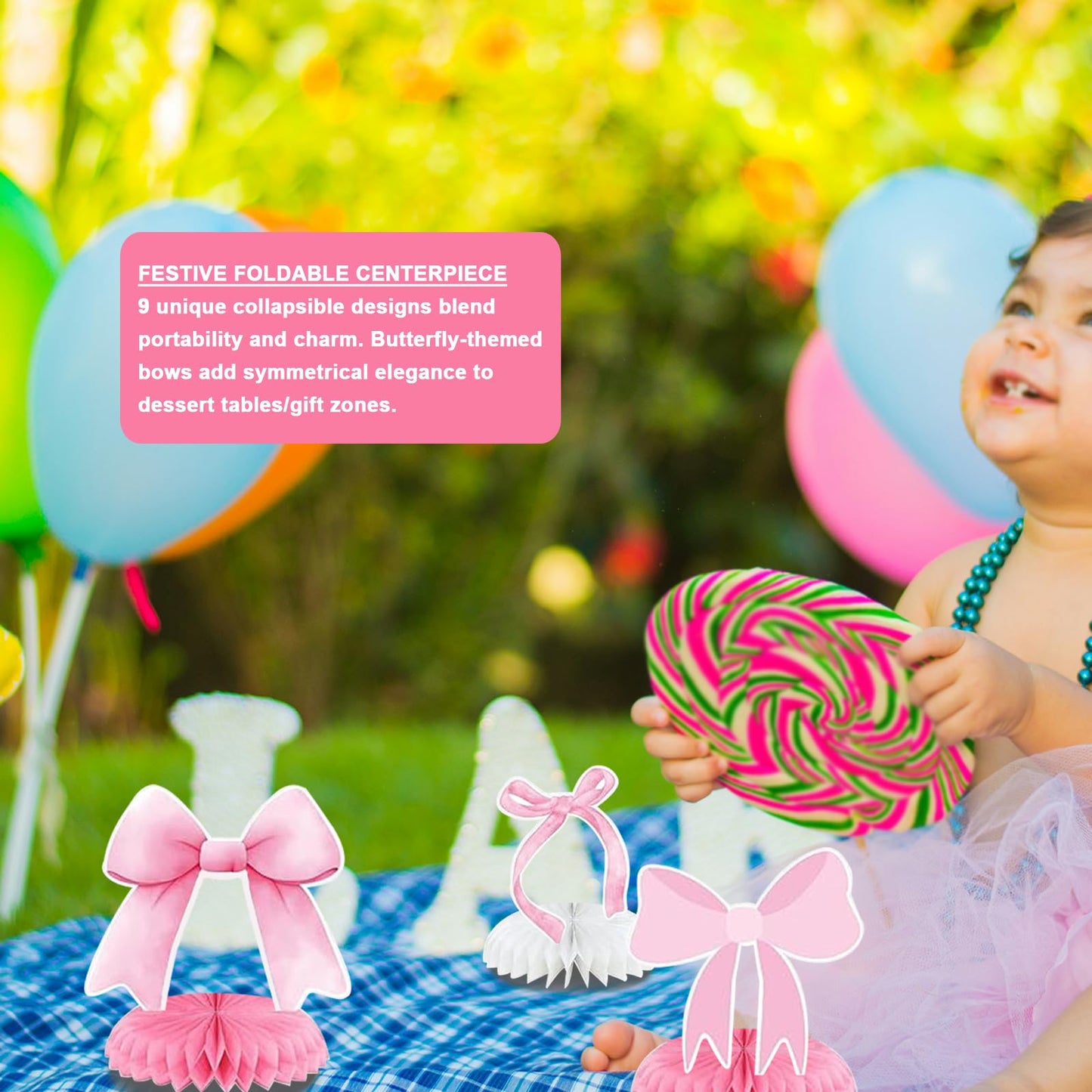 Vyooxcy 9 PCS Pink Bow Theme Honeycomb Centerpieces Decorations, Party Table Topper Decor for Girls Theme Birthday Baby Shower Wedding Party (Princess