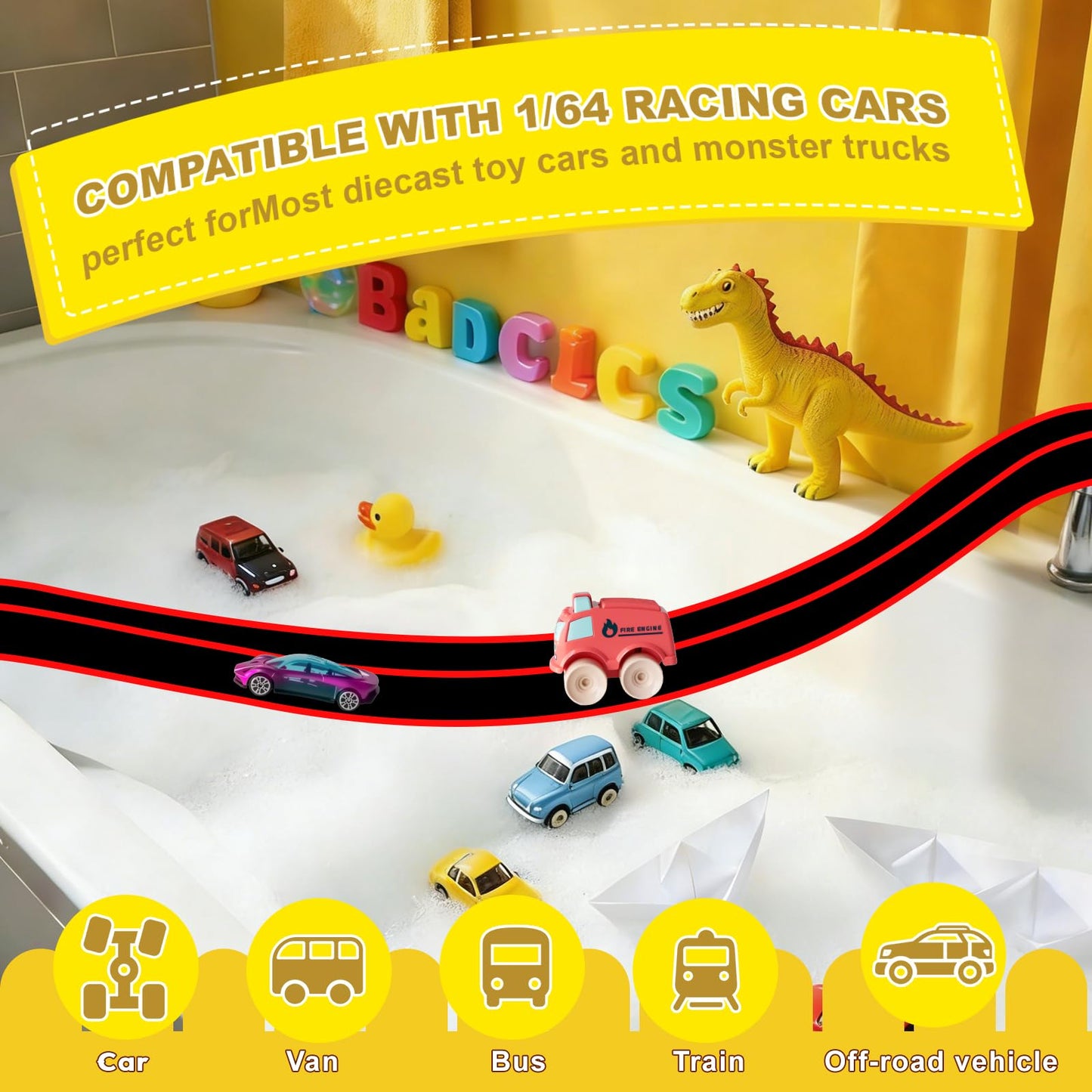 Race Car Bath Toy Set, Toddler Bath Toys, Flex Race Track Car Set, Kids Bathtub Gift, Including Mesh Storage Bag - Suction Cup, for Ages 3 & Up