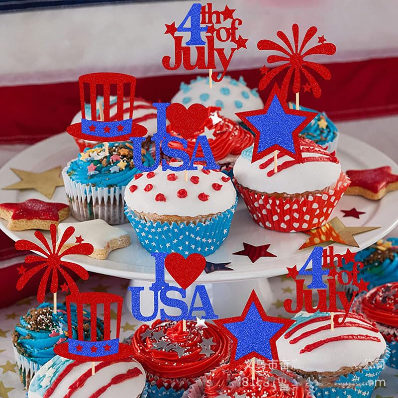 YuBoBo 4th Of July Gillter Cupcake Toppers Decorations Patriotic Independence Day Party Supplies Cake Dessert Ice Cream Toppers Accessories